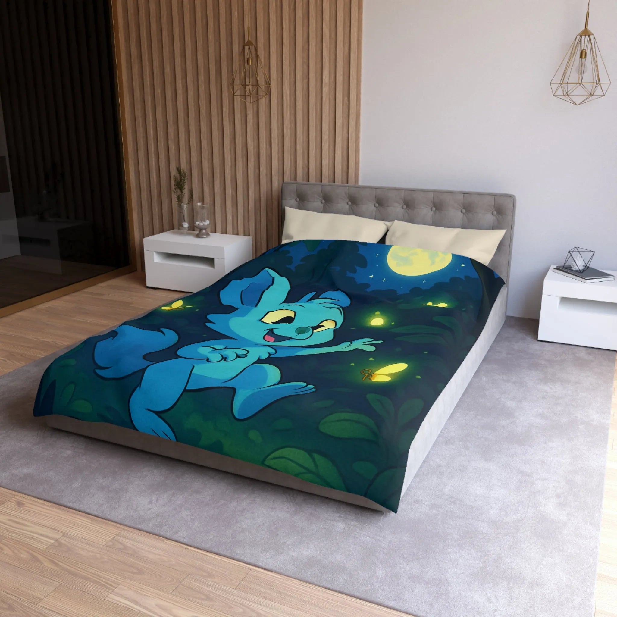 Housse de couette enfantine décorée avec lapin bleu et lucioles sous lune brillante