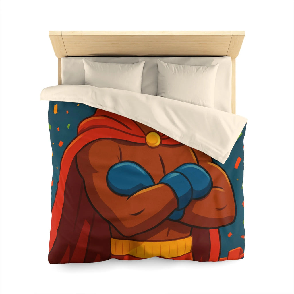 Housse de couette colorée avec boxeur couronné, cape rouge et feux d'artifice