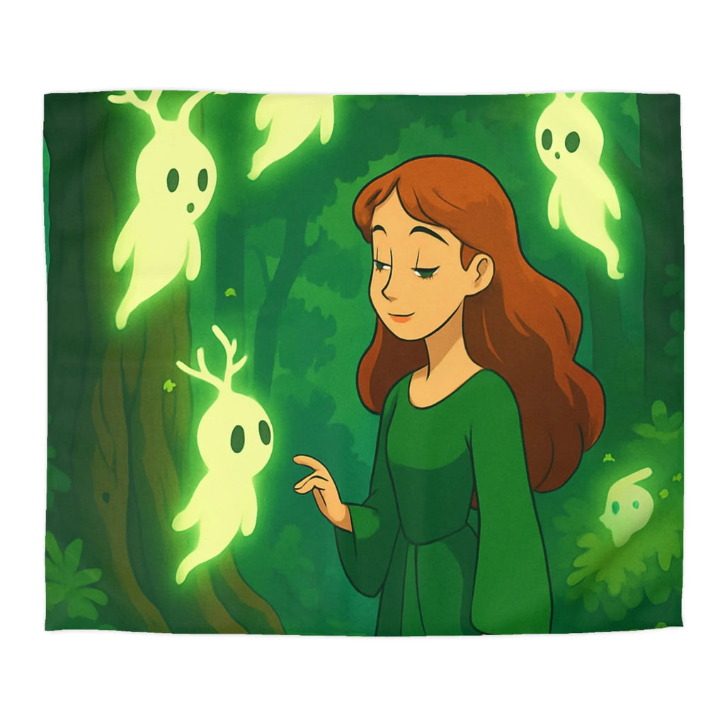 Housse de couette enchantée avec esprits lumineux dans une forêt mystérieuse et verdoyante