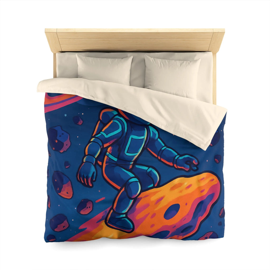 Aventure spatiale colorée avec astronaute sur météore, planète anneau et vaisseaux futuristes