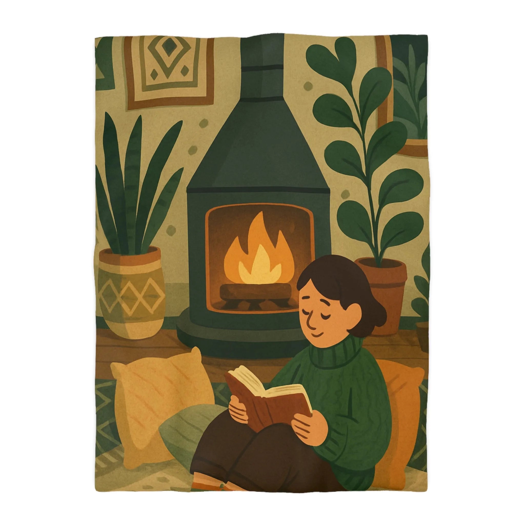 Housse de couette cosy avec cheminée et ambiance hygge, style scandinave relaxant