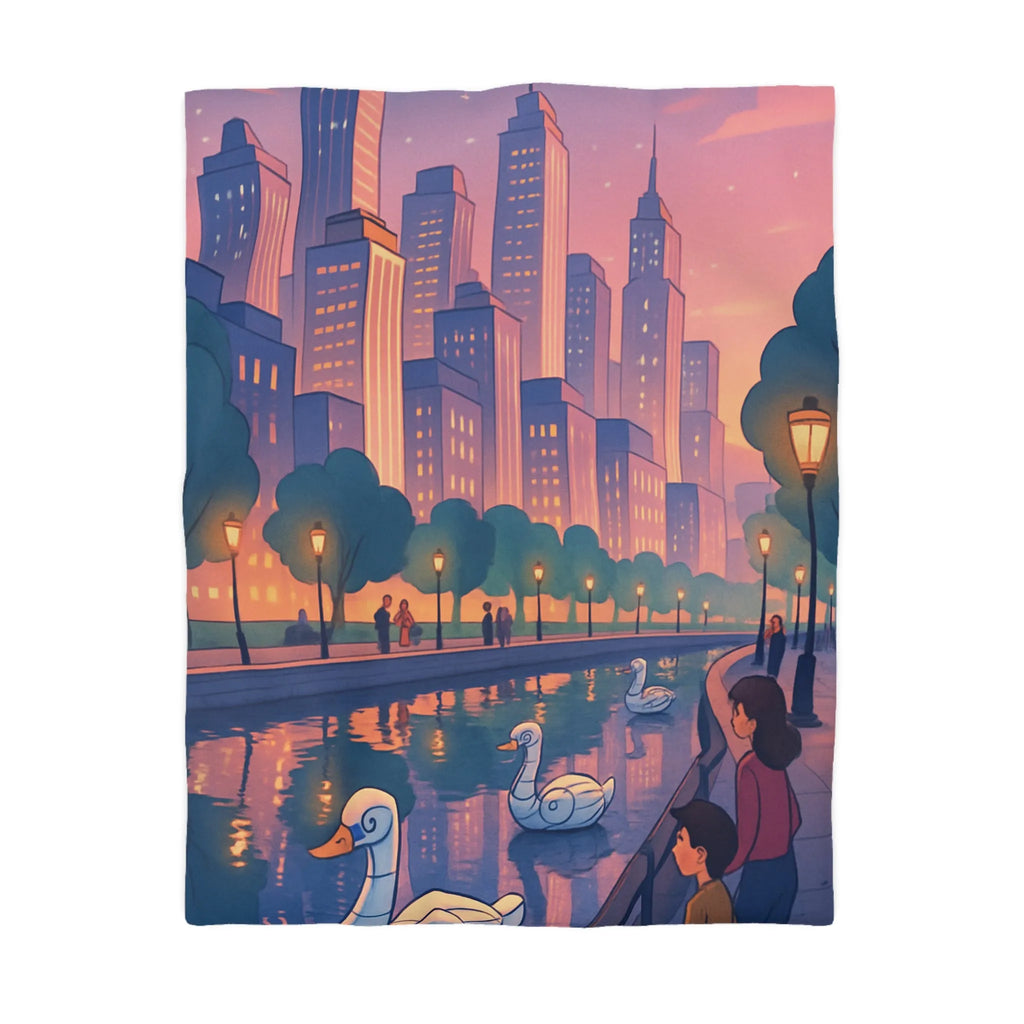 Housse de couette illustrée avec cygnes et skyline urbaine au coucher du soleil