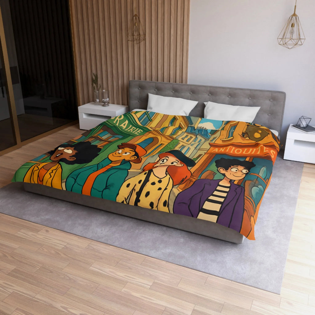 Housse de couette élégante avec design de rue parisienne animée et jeunes explorateurs