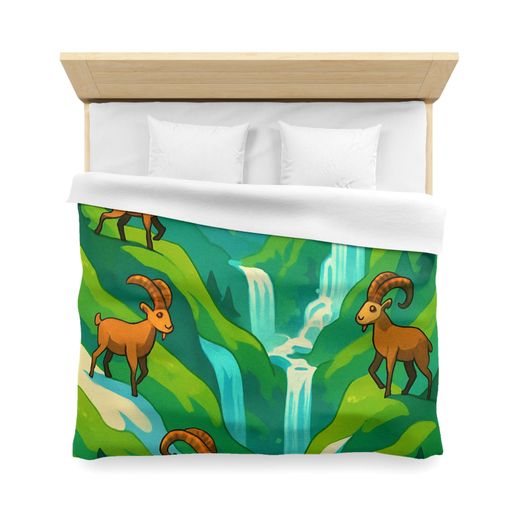 Housse de couette montagneuse avec bouquetins et cascades pour chambre paisible