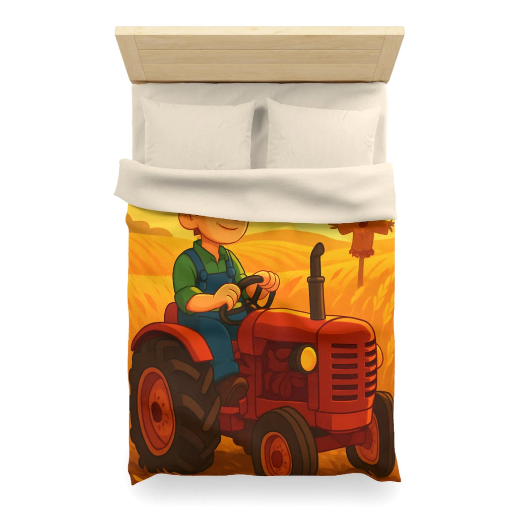 Housse de couette avec motif champêtre : tracteur, épouvantail et champ sous soleil couchant