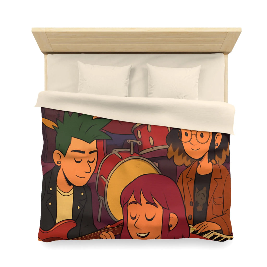 Housse de couette colorée avec jeunes musiciens animés jouant en harmonie joyeuse