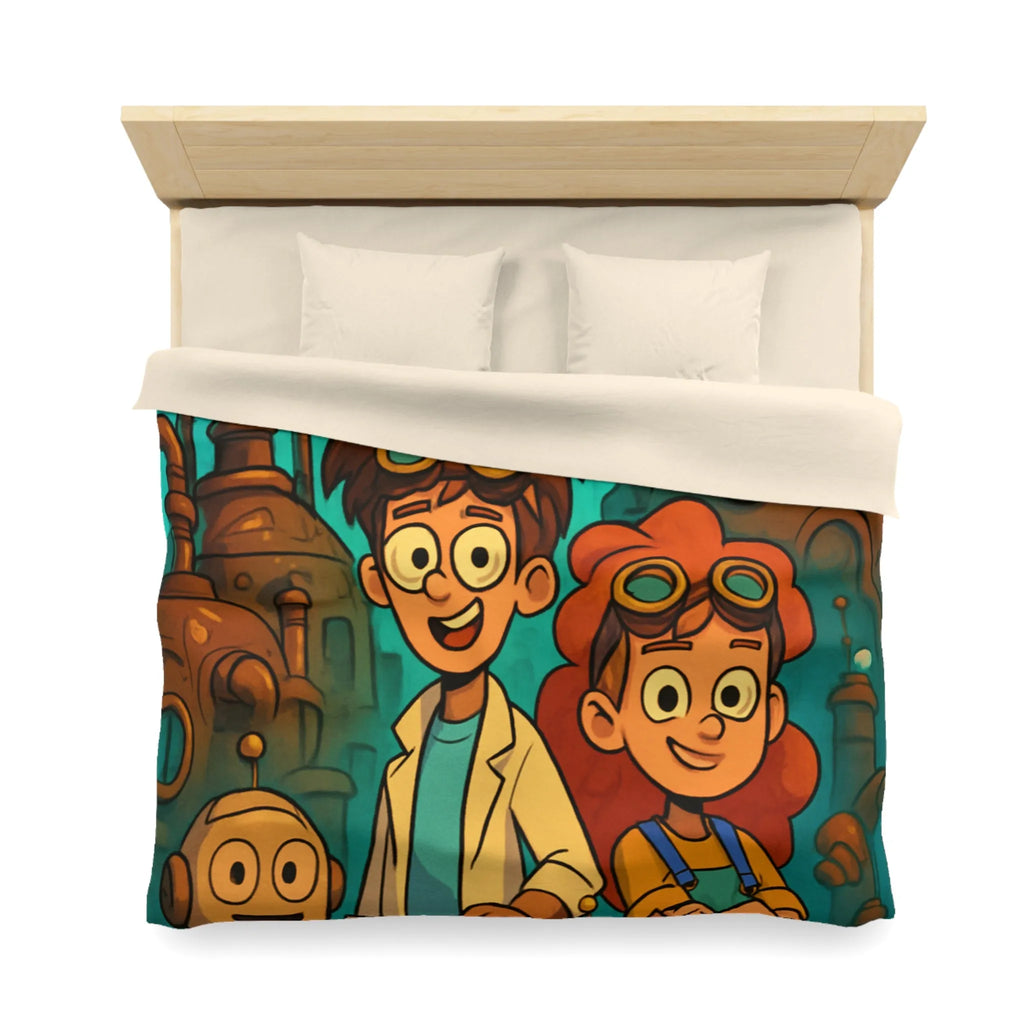 Exploration robotique en atelier steampunk coloré avec jeunes inventeurs et machines futuristes