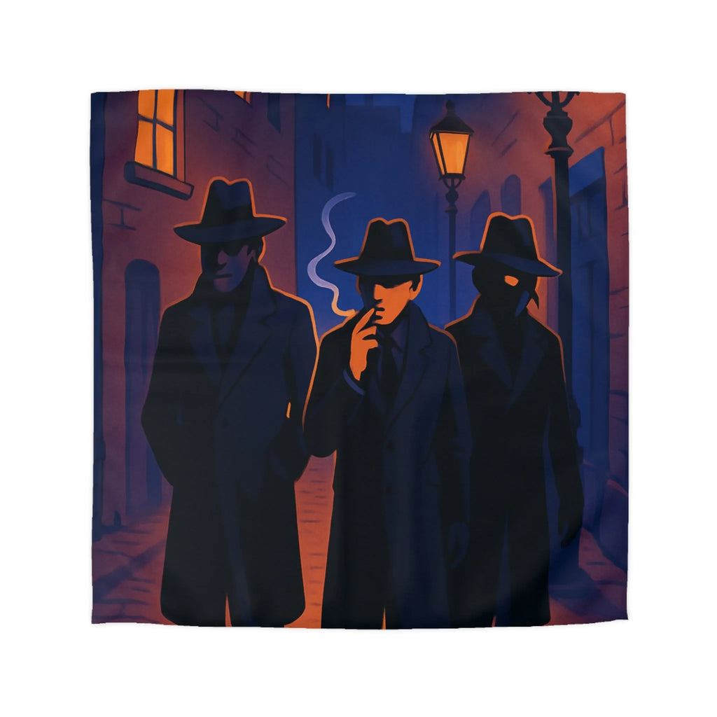 Housse de couette avec scène mystérieuse de détectives en ruelle éclairée par réverbères