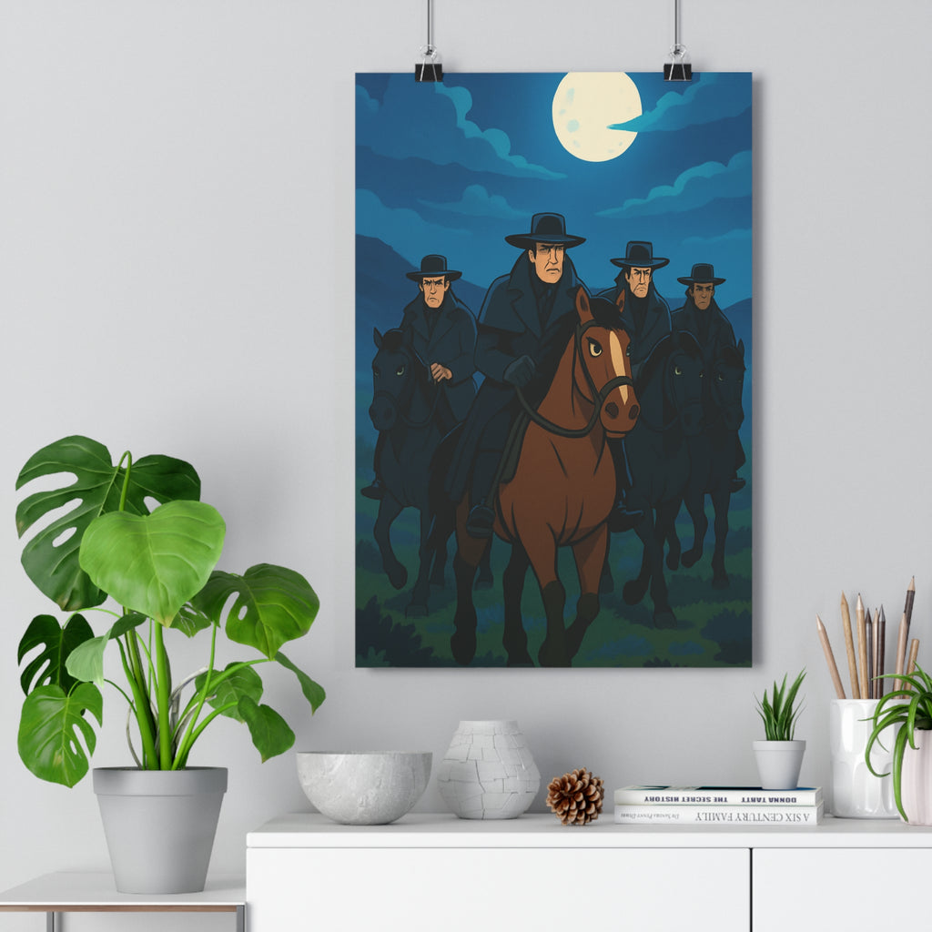 Poster décoratif mystérieux cavaliers sombre bleu nuit animé salon bureau ambiance dramatique unique qualité