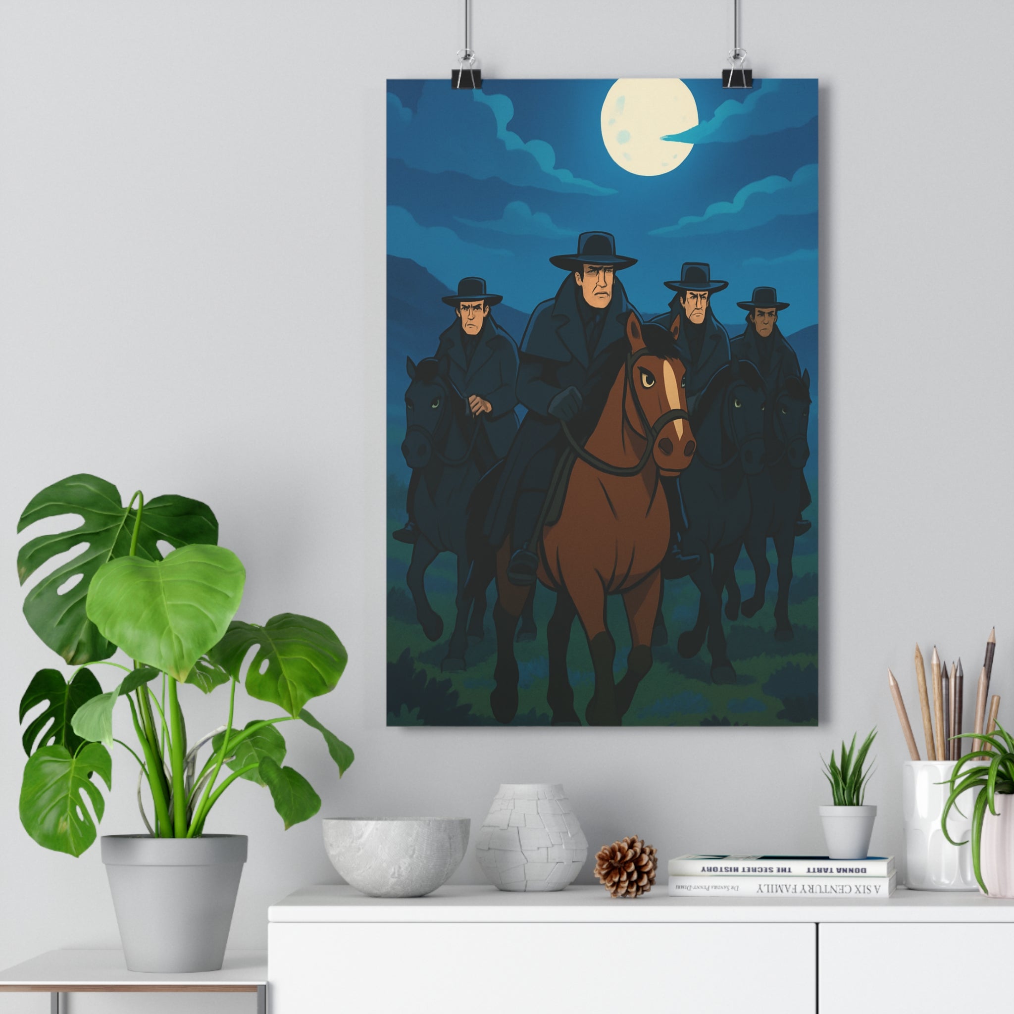 Poster décoratif mystérieux cavaliers sombre bleu nuit animé salon bureau ambiance dramatique unique qualité