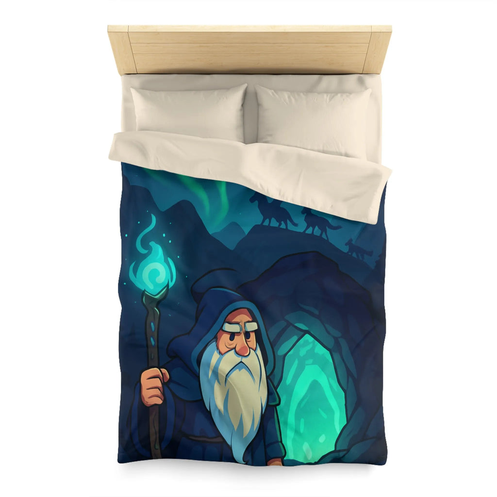 Housse de couette avec illustration de sorcier sous une aurore boréale et pleine lune