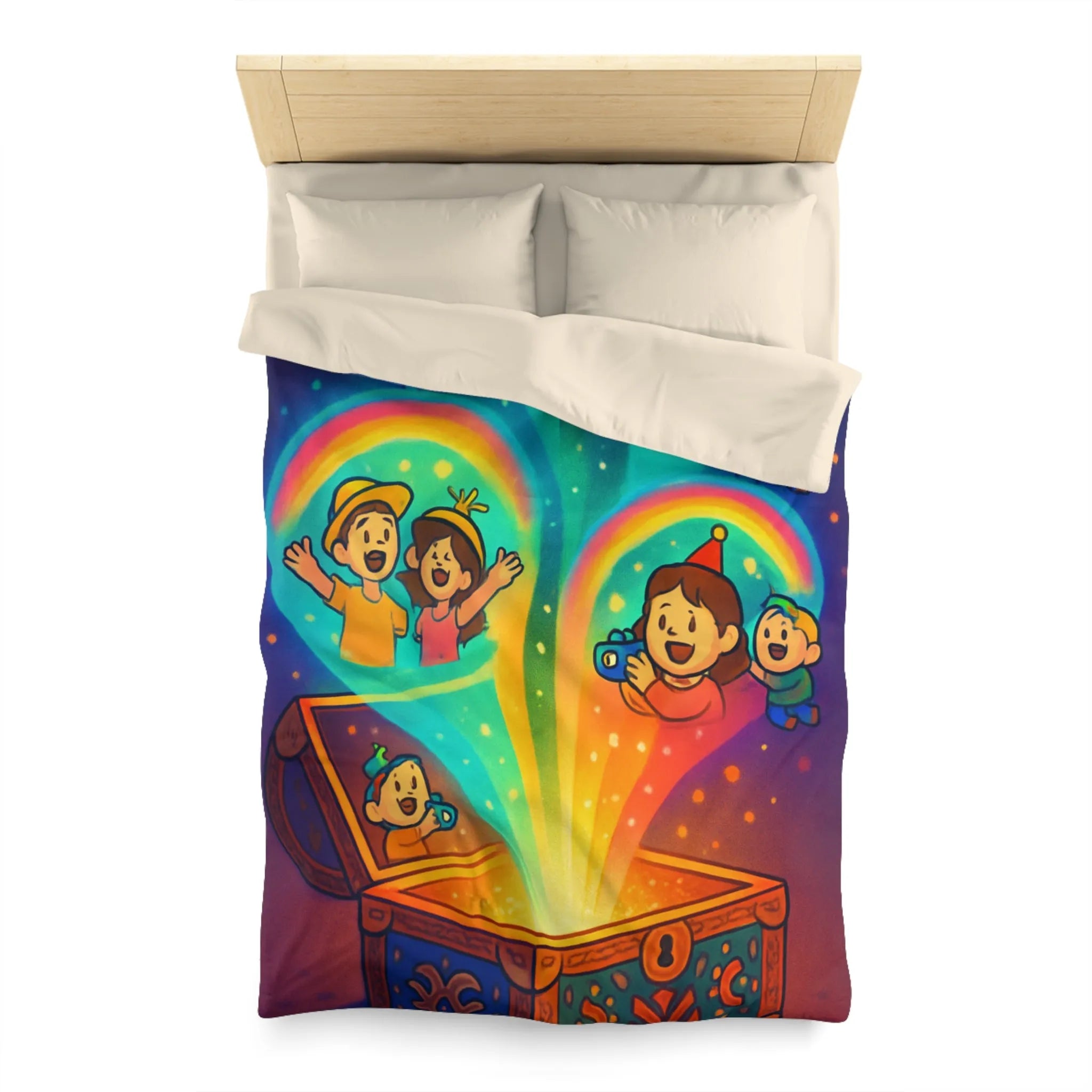 Housse de couette colorée avec coffre magique et souvenirs lumineux pour chambre joyeuse