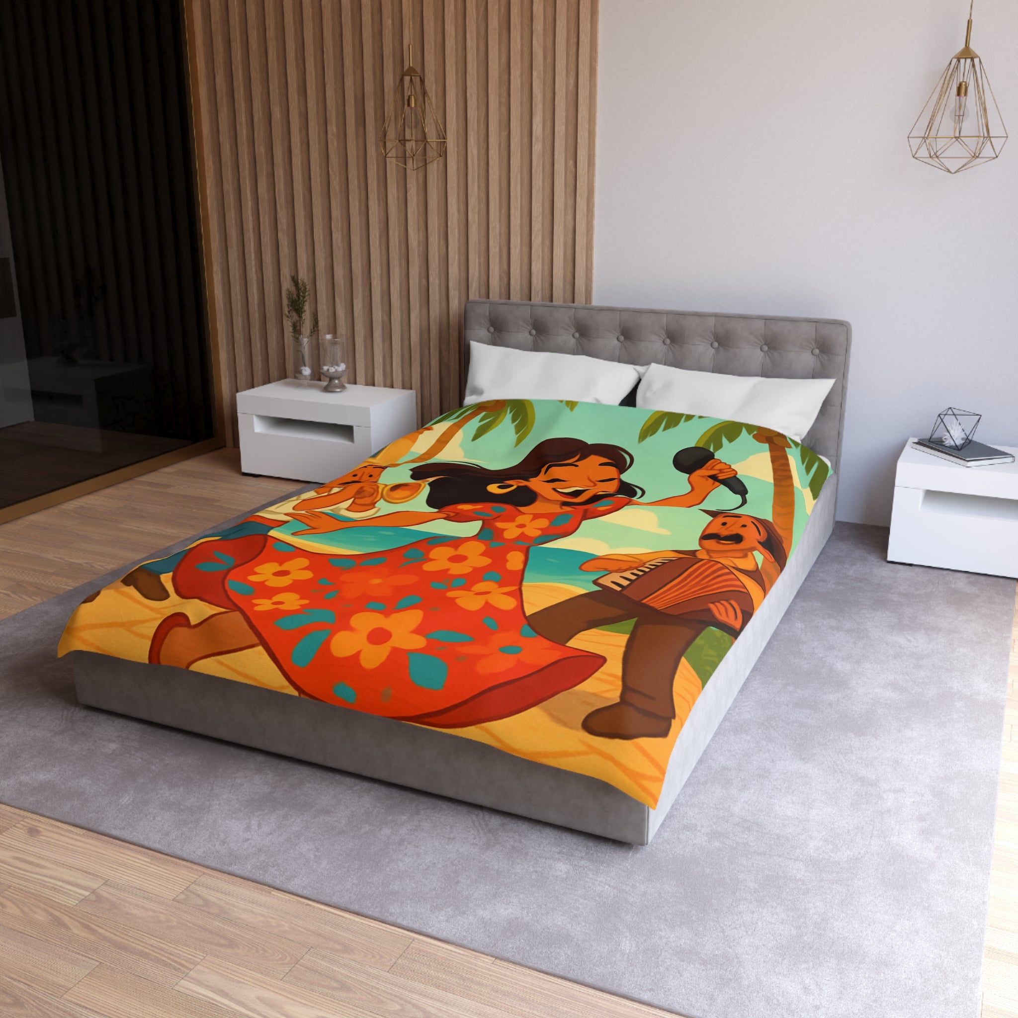 Housse de couette tropicale colorée avec danseuse et musiciens, ambiance joyeuse et festive