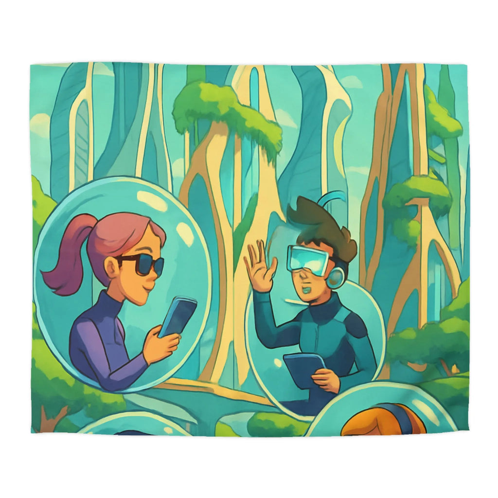 Housse de couette futuriste avec paysage urbain et personnages connectés en réalité augmentée