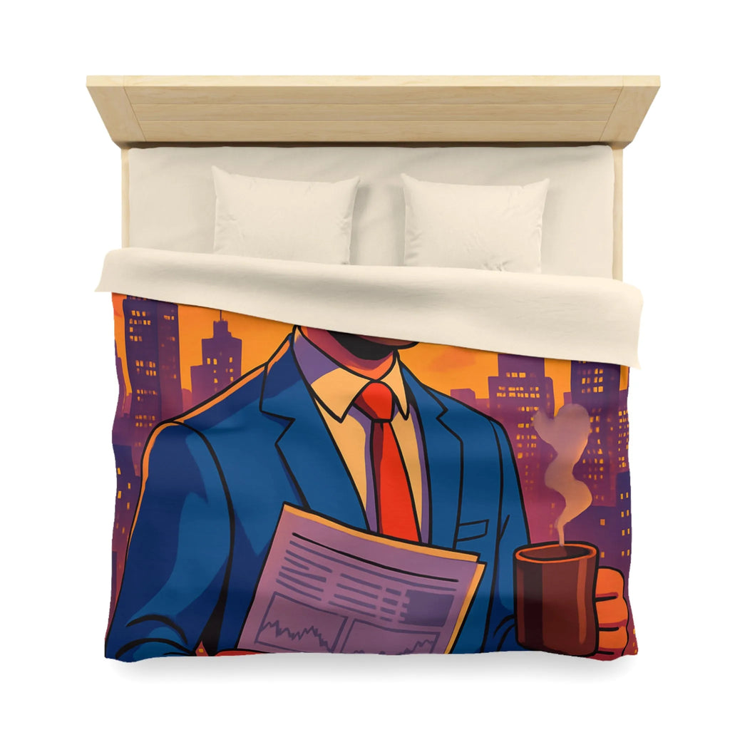 Housse de couette élégante avec silhouette urbaine et homme au coucher de soleil