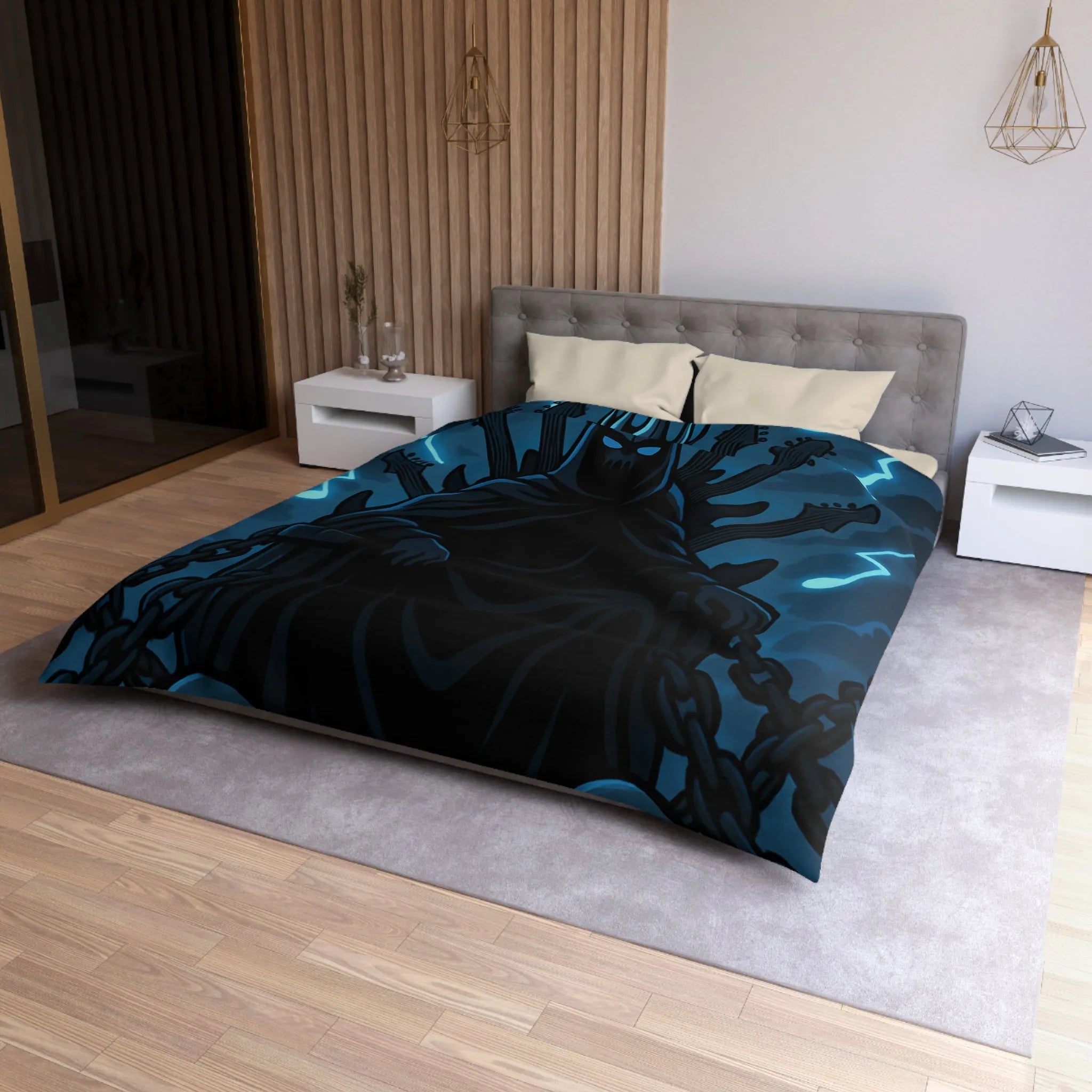 Housse de Couette Gothique Musicien Roi Ténébreux avec Throne de Guitares et Crânes