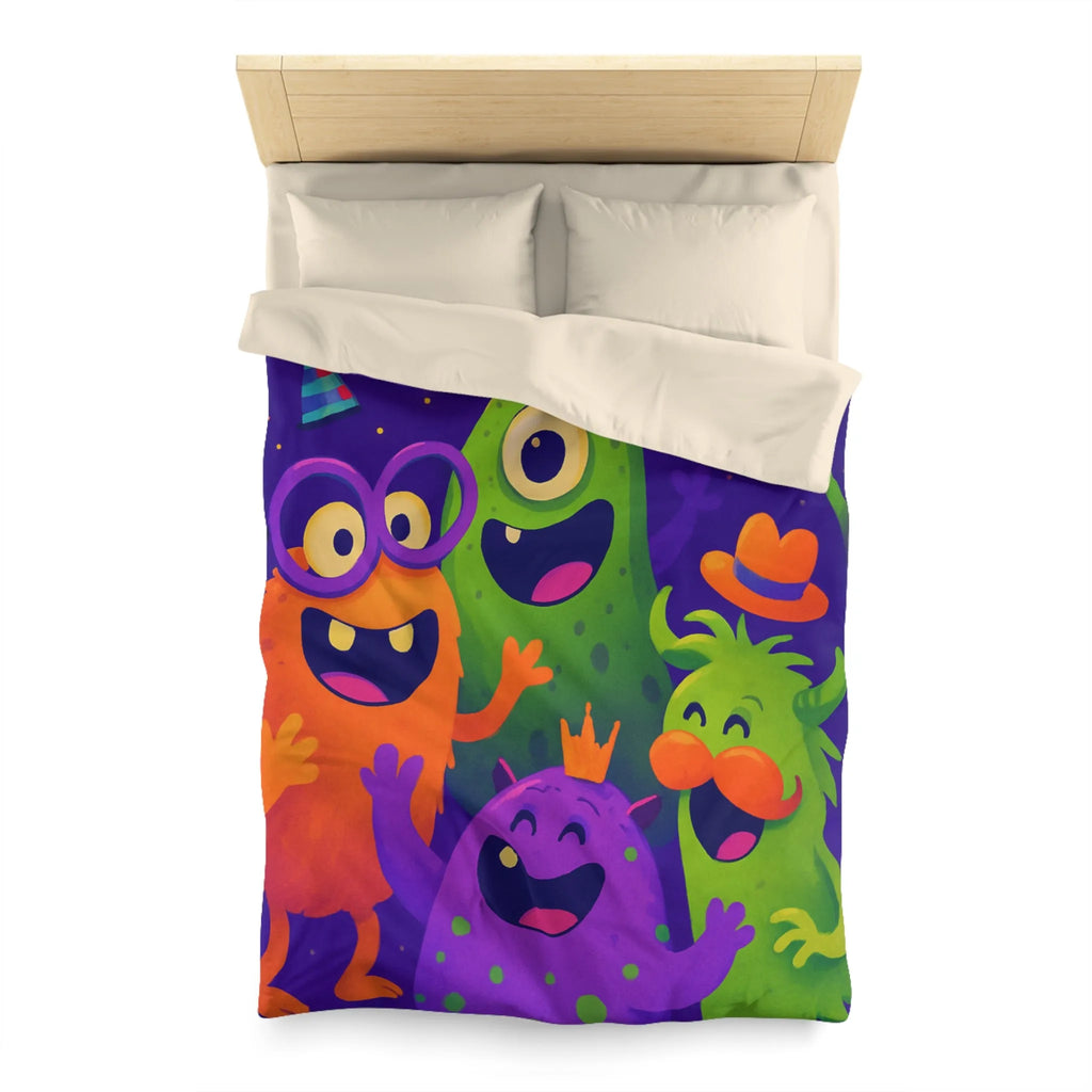 Housse de couette festive avec monstres colorés, ambiance joyeuse pour chambre d'enfant