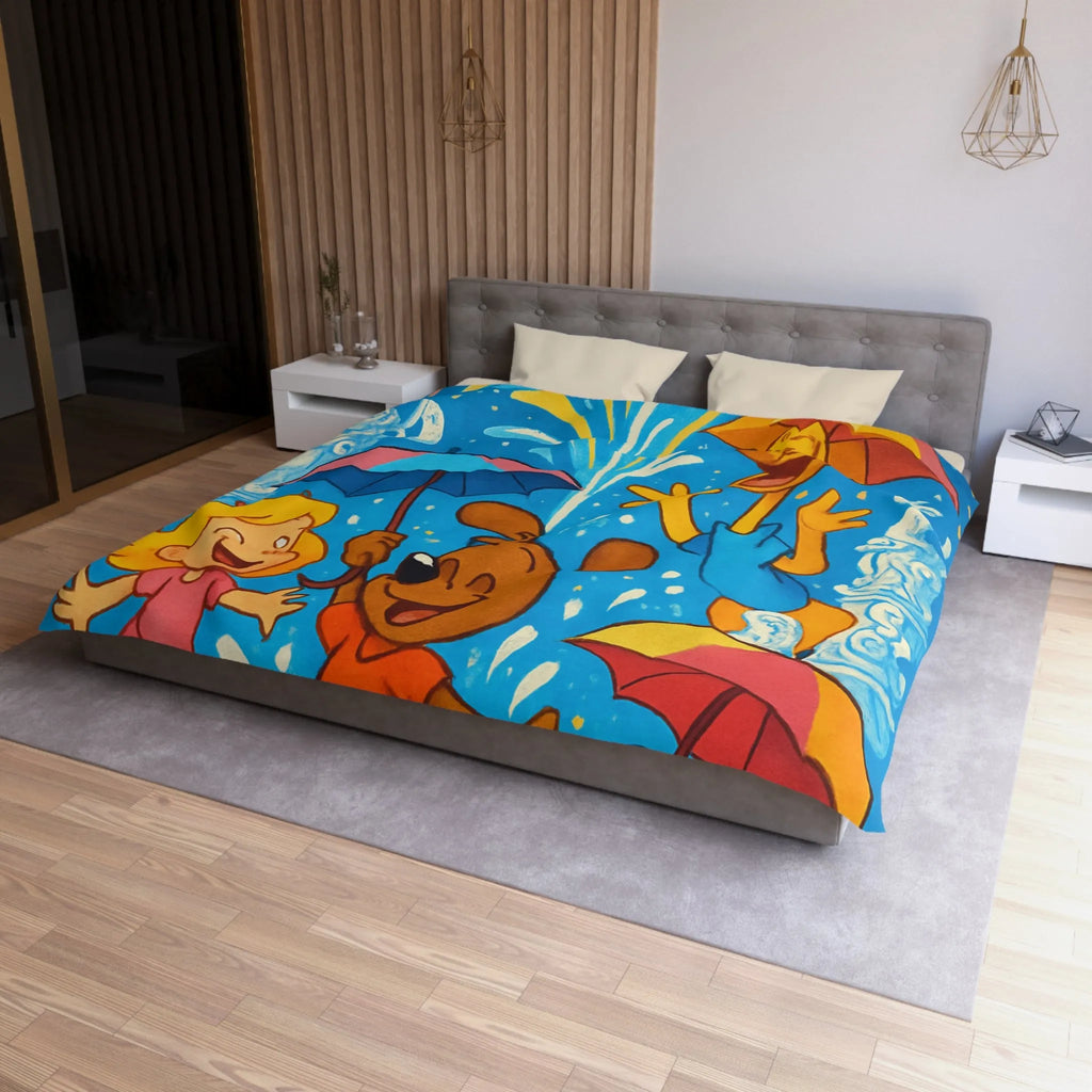 Housse de couette joyeuse avec animaux et enfants sous feux d'artifice colorés