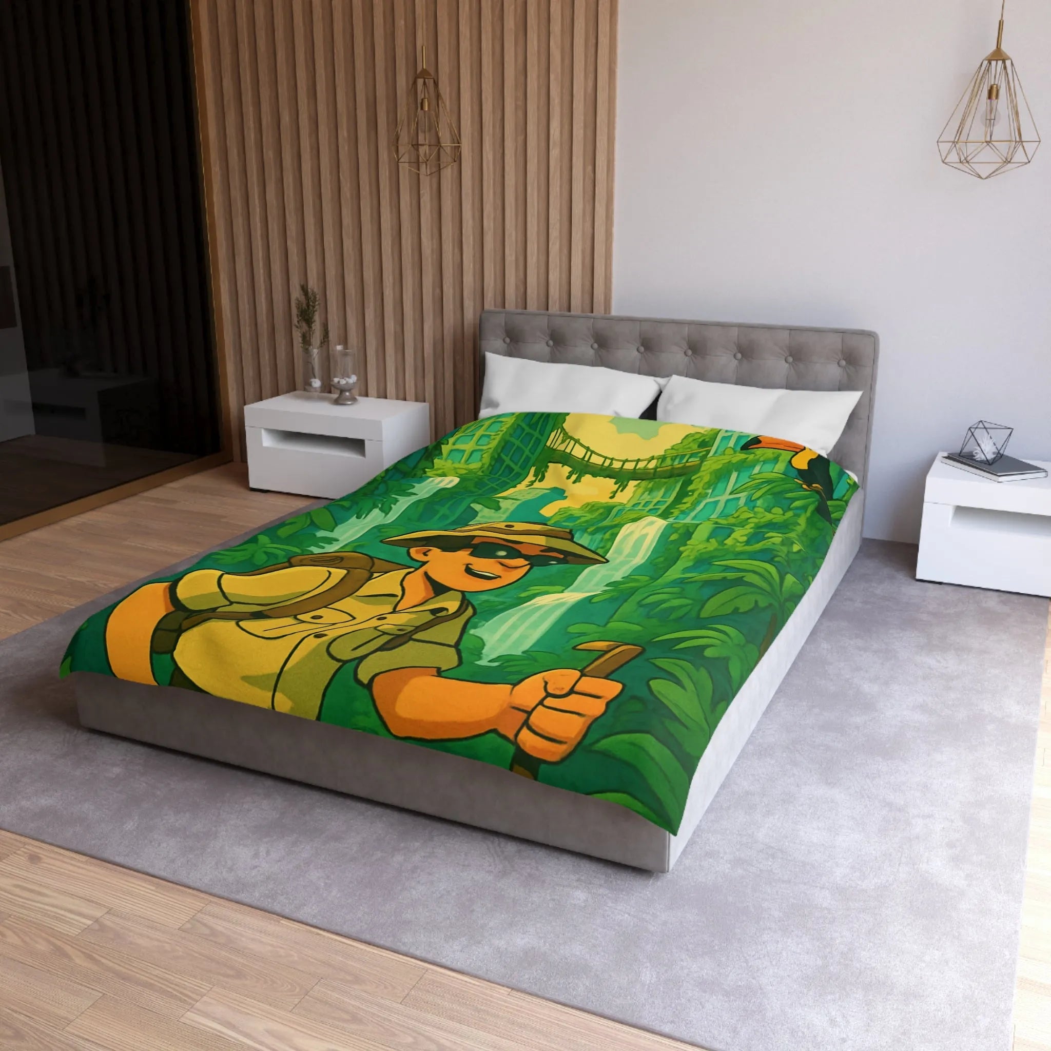 Housse de Couette Aventure Tropicale Multicolore avec Explorateur et Faune Luxuriante