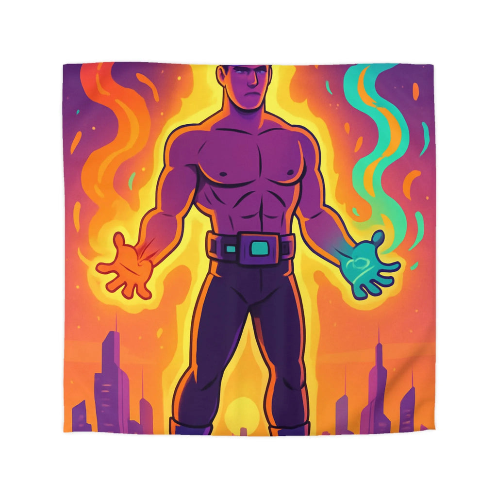 Housse de couette avec héros des éléments enflammés et lumineux sur fond de ville