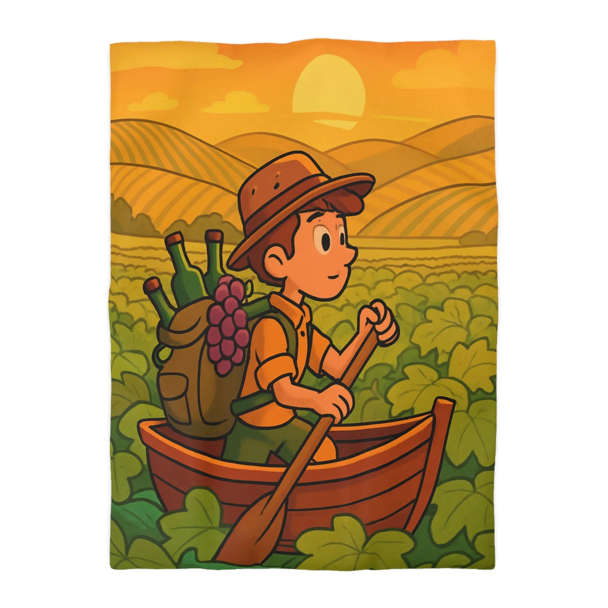 Housse de couette colorée avec paysage de vignoble et enfant en bateau