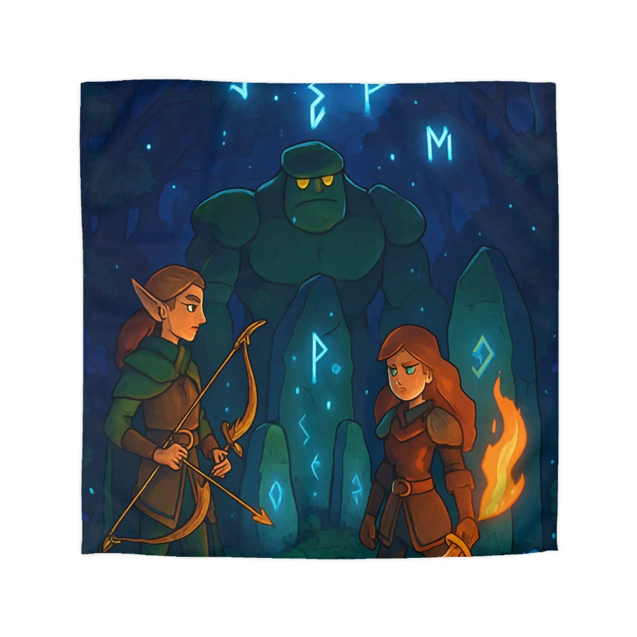 Housse de couette avec illustration de forêt mystique illuminée par runes magiques et lune