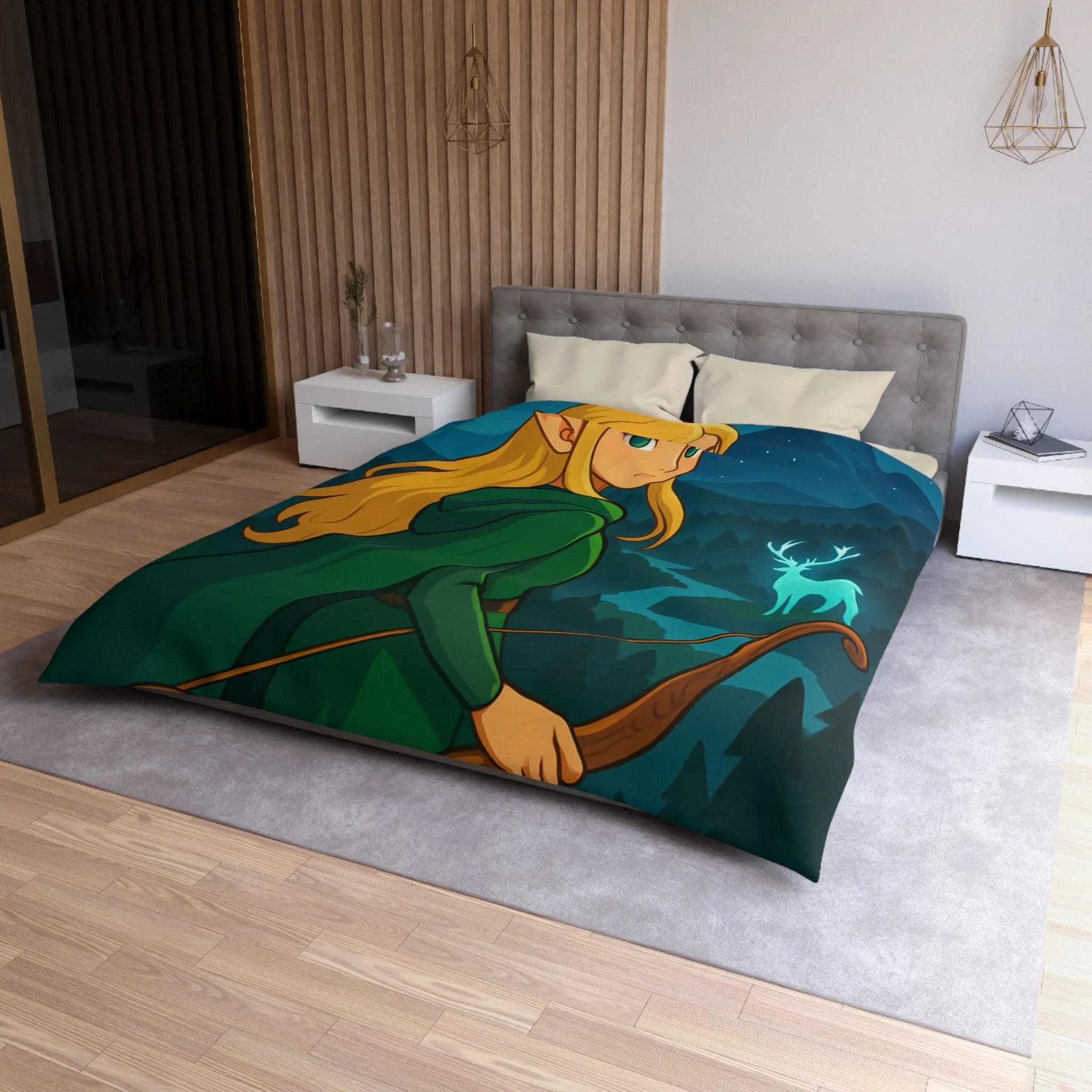 Housse de couette avec elfe archère, cerf lumineux, forêt montagneuse et ciel étoilé