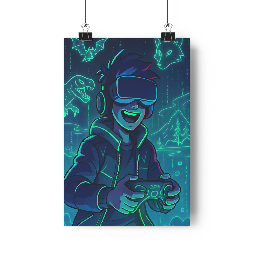 Poster décoratif gaming néon bleu vert cartoon aventure chambre enfant lumineux futuriste immersif dynamique