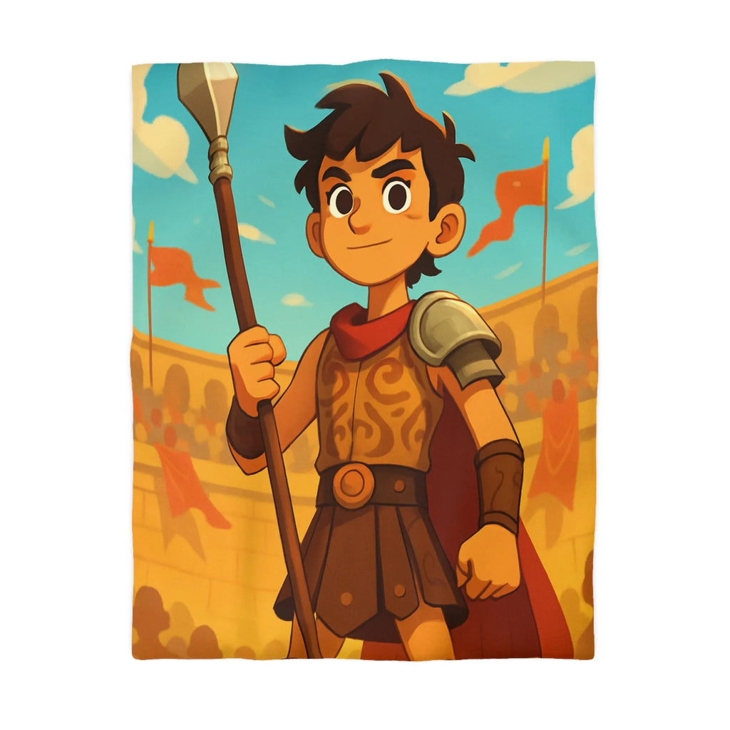 Housse de couette avec jeune guerrier dans une arène antique en journée ensoleillée