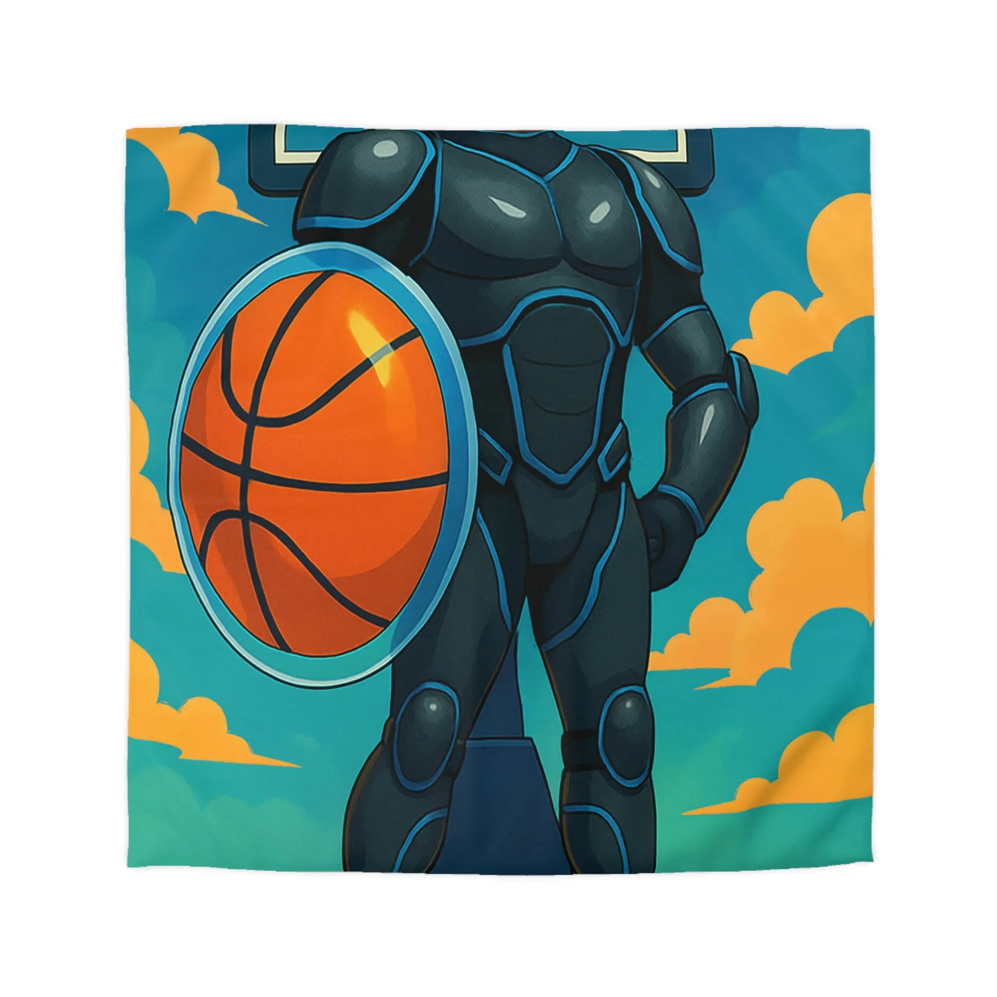 Housse de couette avec illustration d'un joueur de basket héroïque sous un ciel vibrant