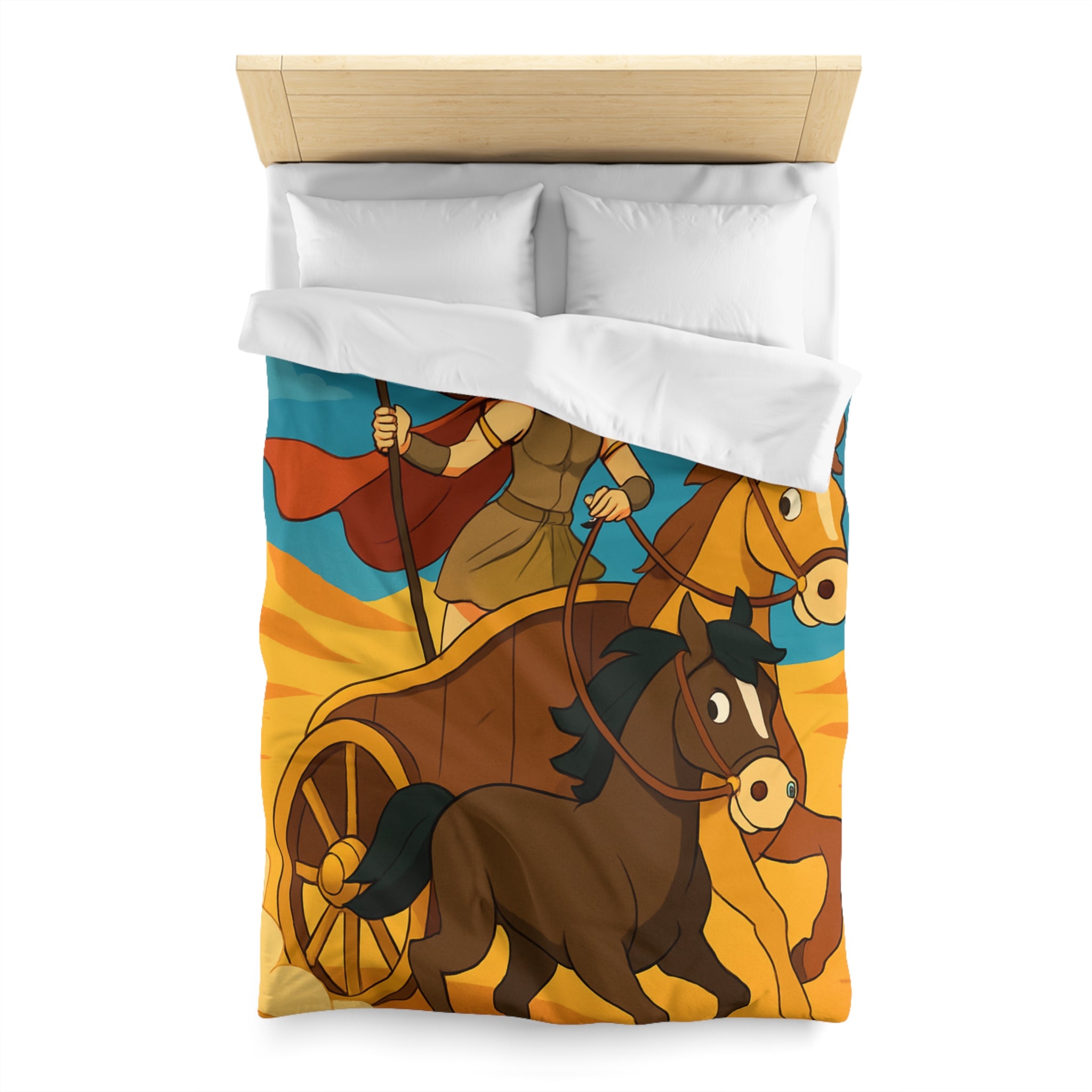 Housse de couette représentant guerrière en char avec chevaux marron dans désert animé