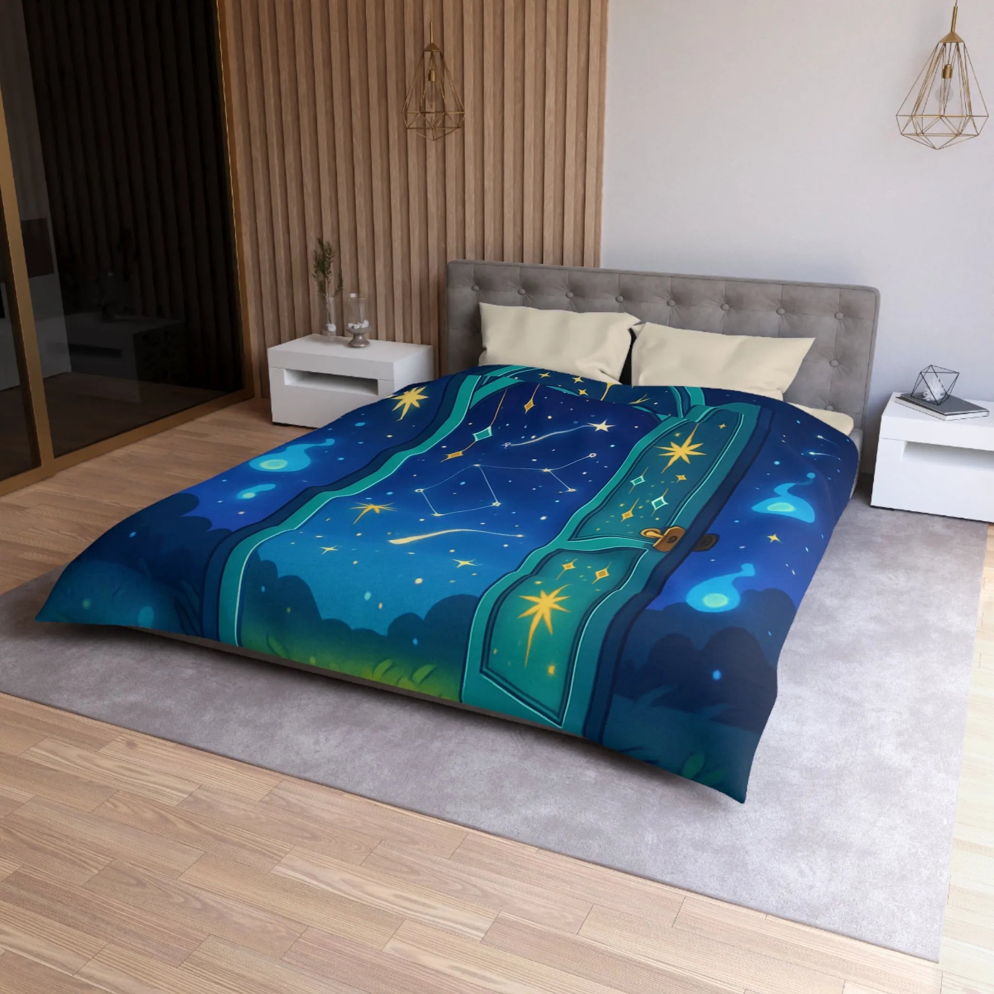 Housse de couette magique avec porte ouverte sur ciel étoilé bleu et constellations