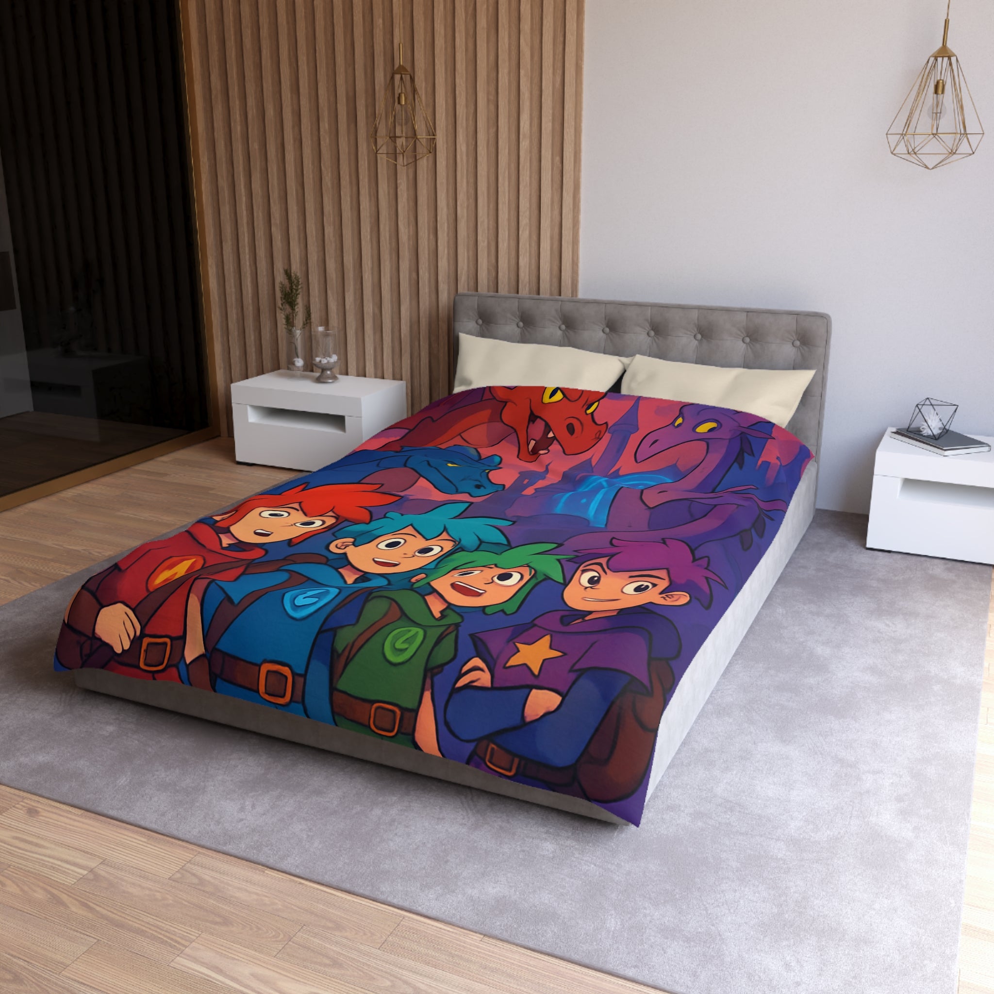 Quatre aventuriers et dragons devant château fantastique, parfait pour chambre d'enfant magique