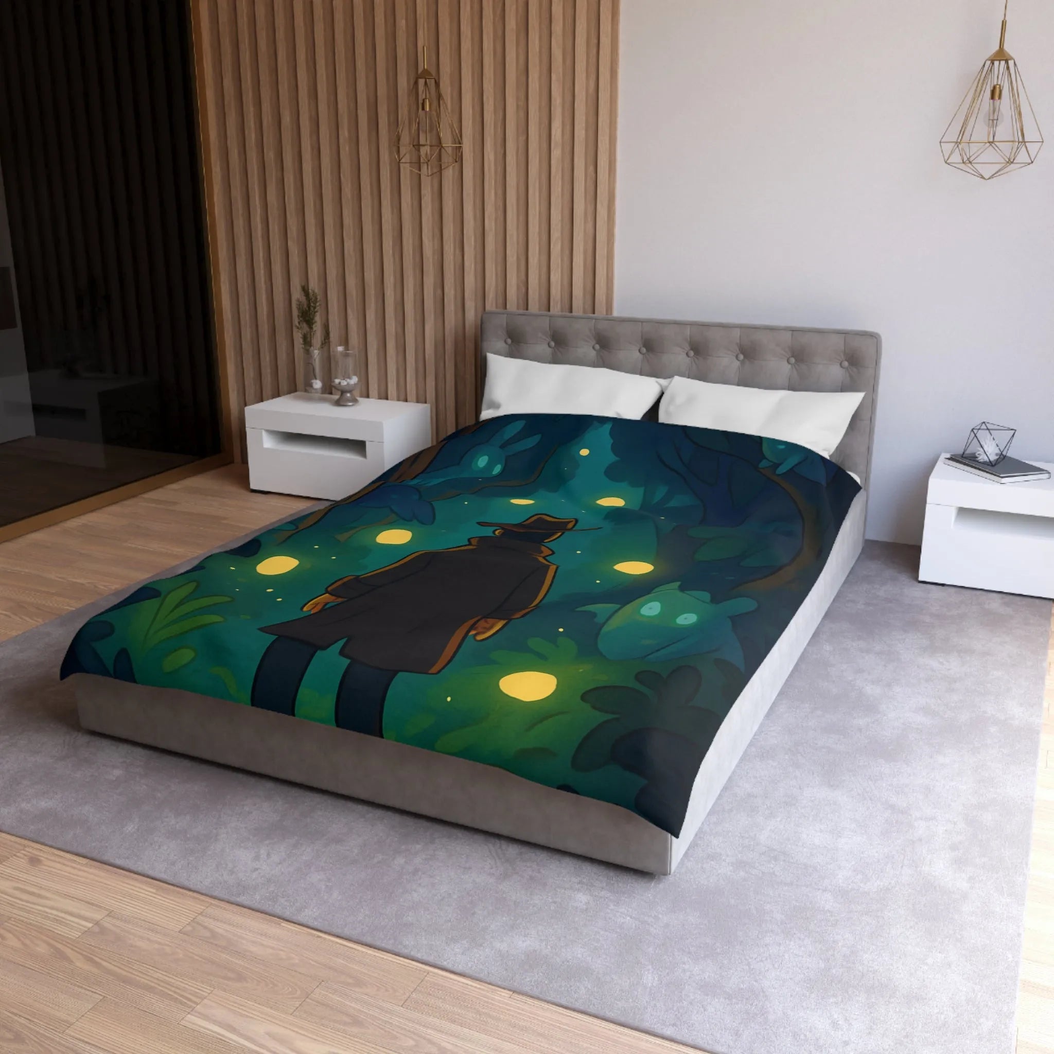 Housse de Couette Forêt Mystique avec Créatures Lumineuses et Promeneur en Chapeau