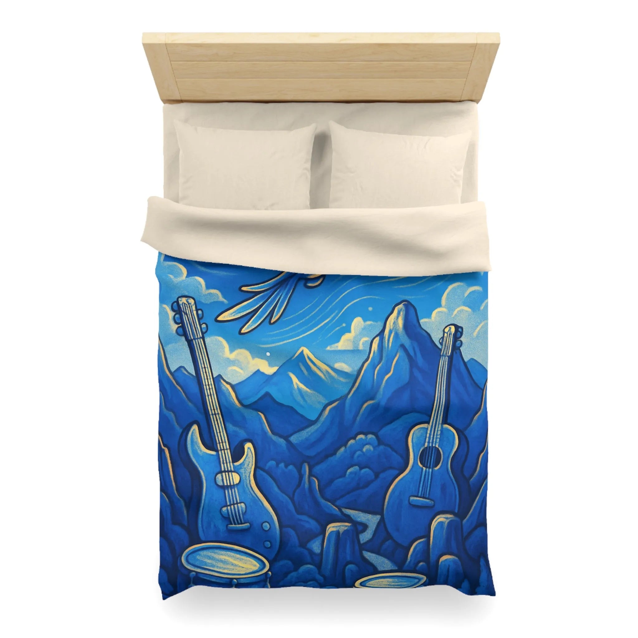 Housse de couette mélodieuse avec oiseau bleu et instruments de musique en montagne