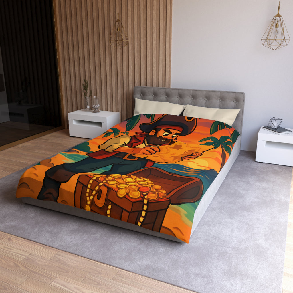 Housse de couette pirate avec coffre au trésor, carte ancienne et palmiers tropicaux