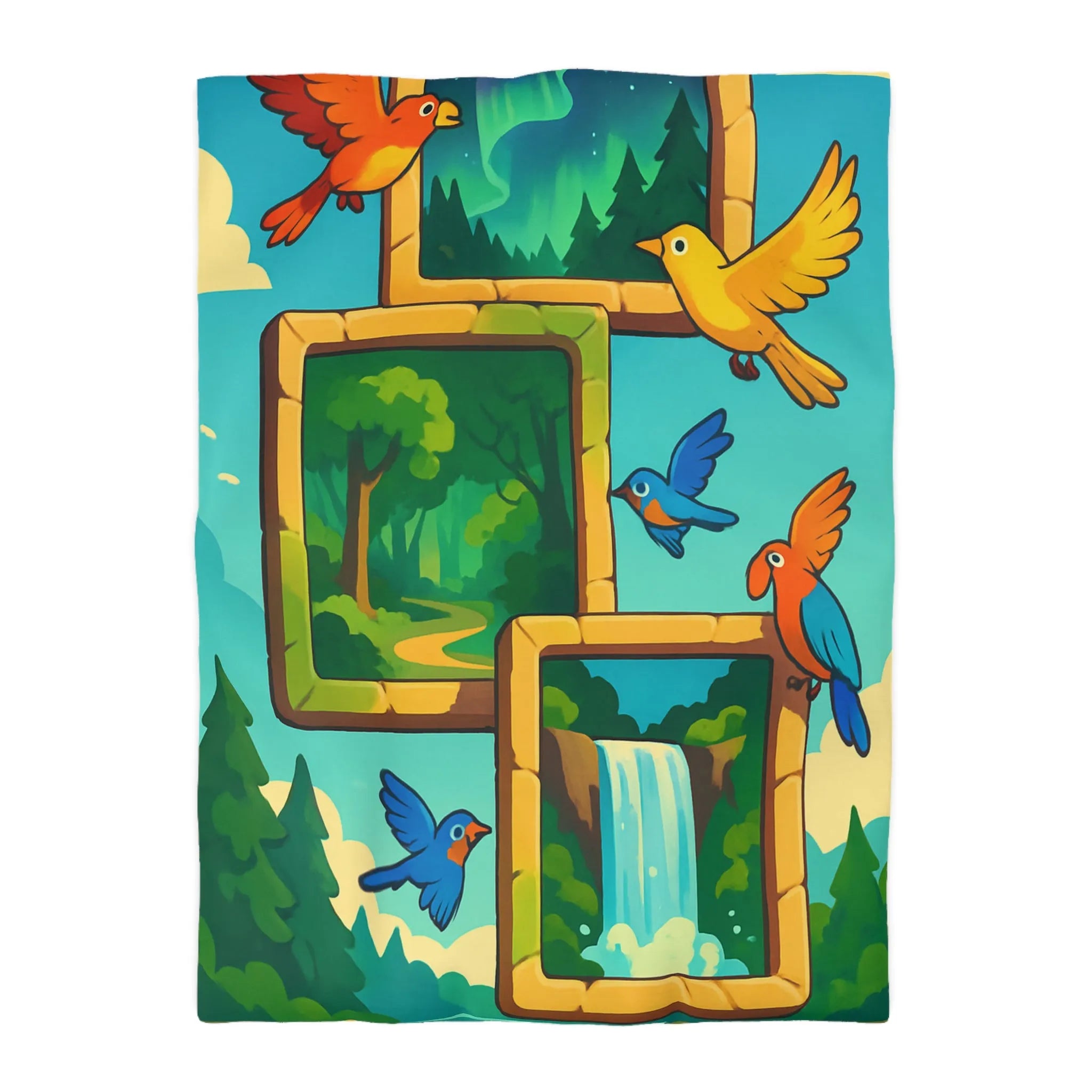 Housse de couette colorée avec oiseaux et scènes de nature paisible et dynamique