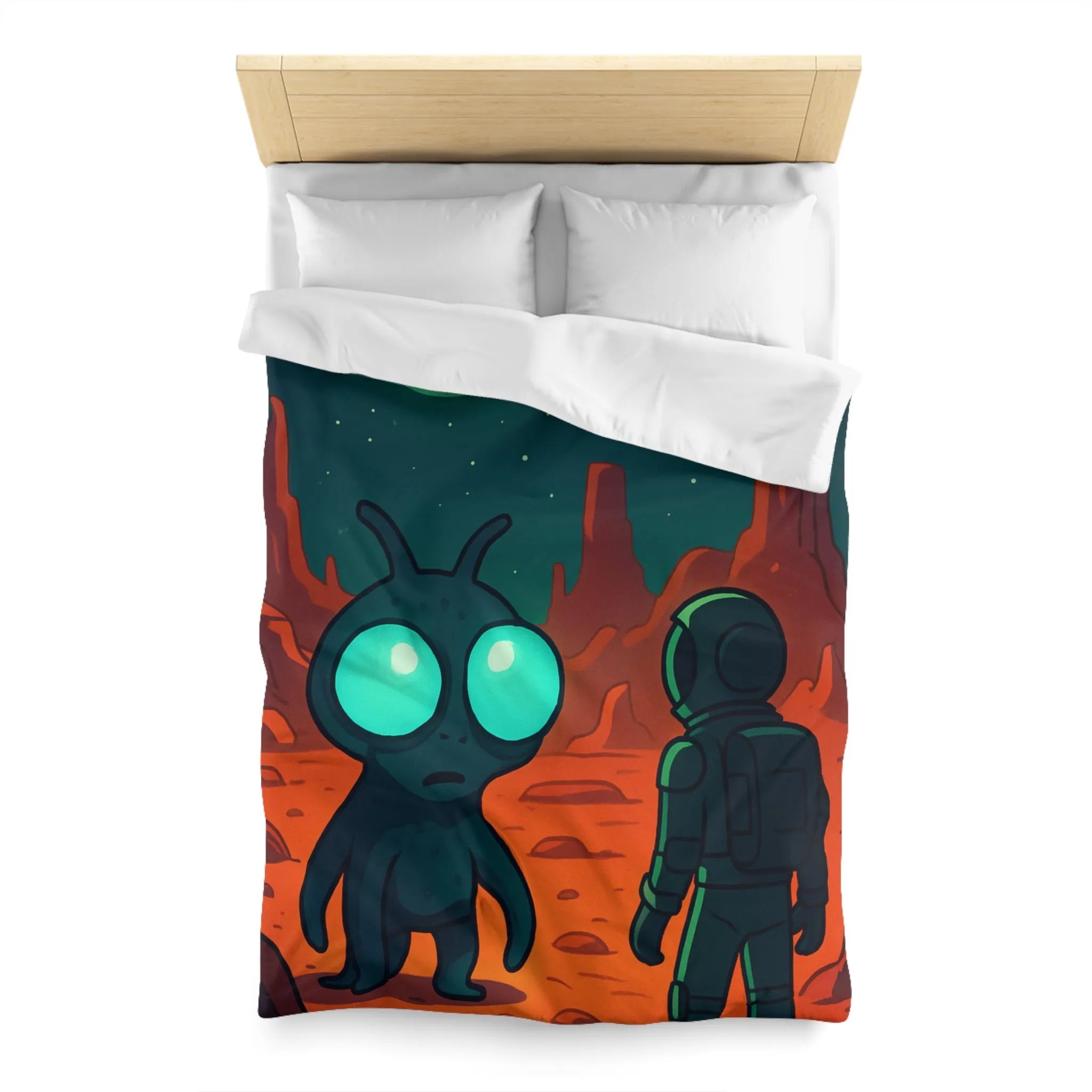 Housse de couette extraterrestre et astronaute sur fond de paysage lunaire mythique