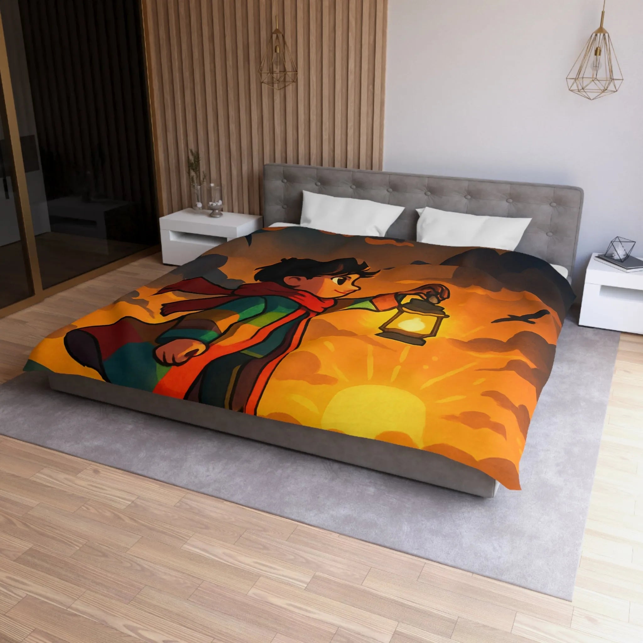 Housse de couette avec illustration enfantine colorée : garçon, lanterne, ciel dramatique