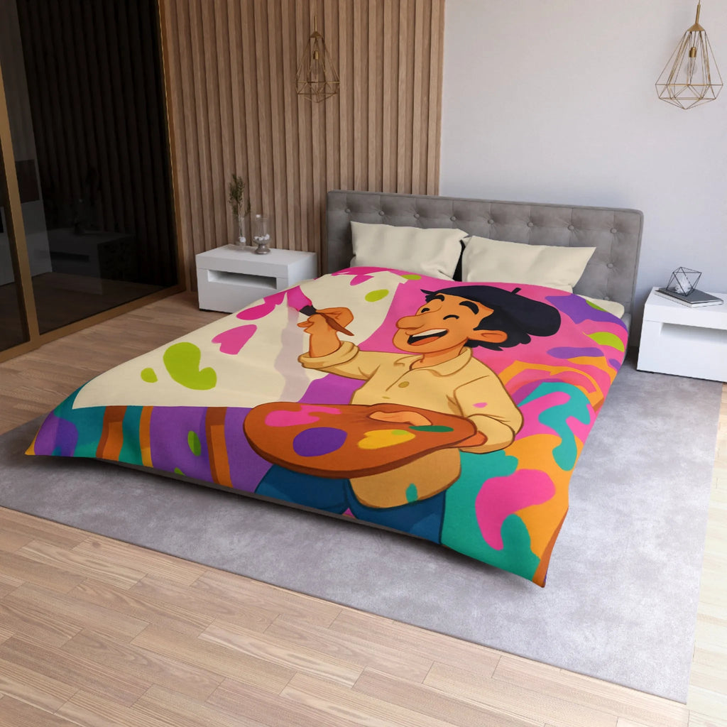 Housse de couette colorée avec artiste joyeux peignant des éclaboussures lumineuses abstraites