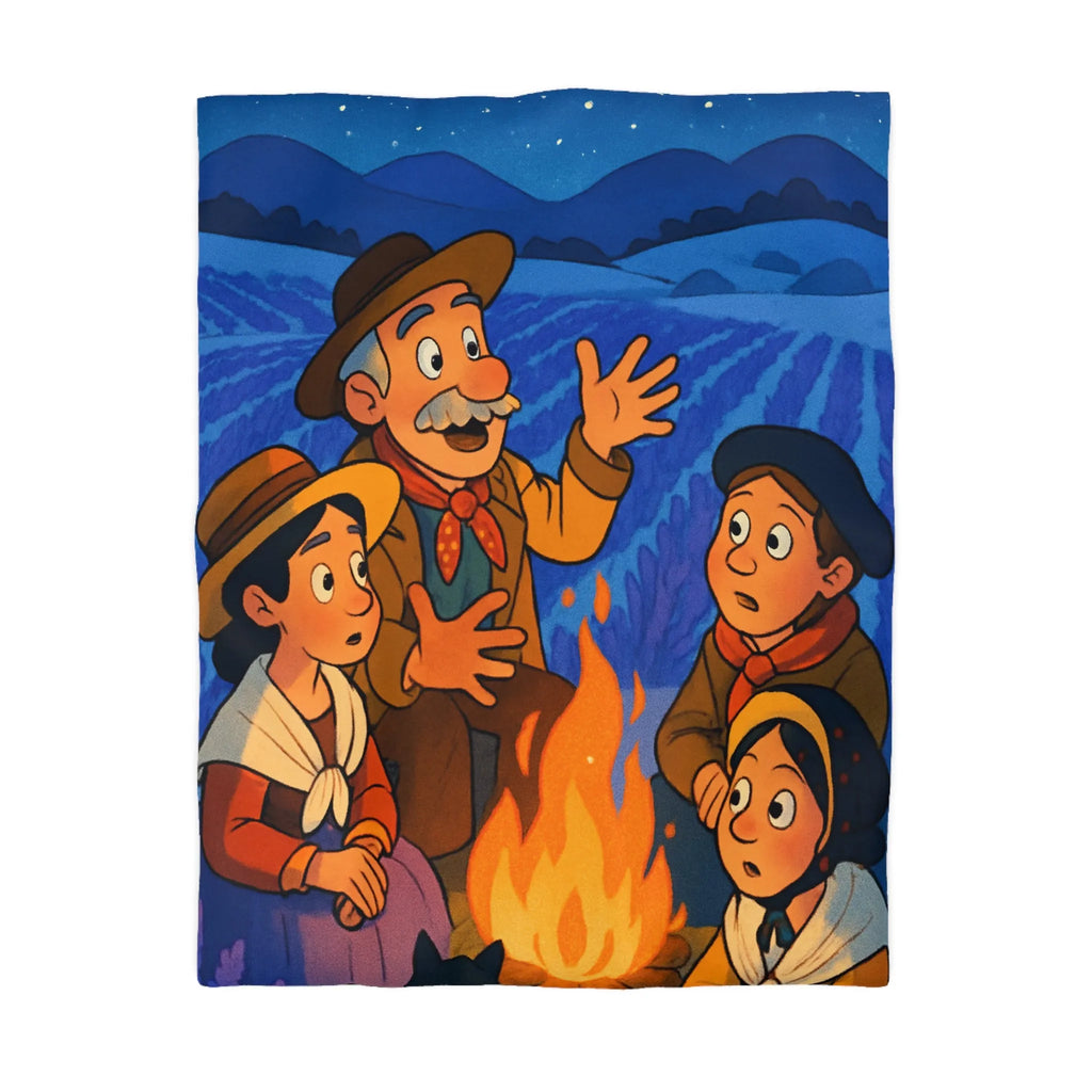 Housse de couette colorée avec scène animée racontant une histoire sous les étoiles