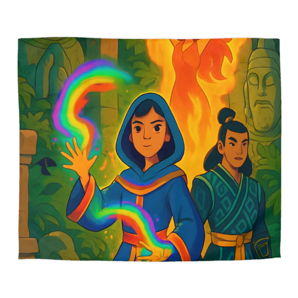 Housse de couette magique colorée : aventure mystique avec personnages énigmatiques et feu flamboyant