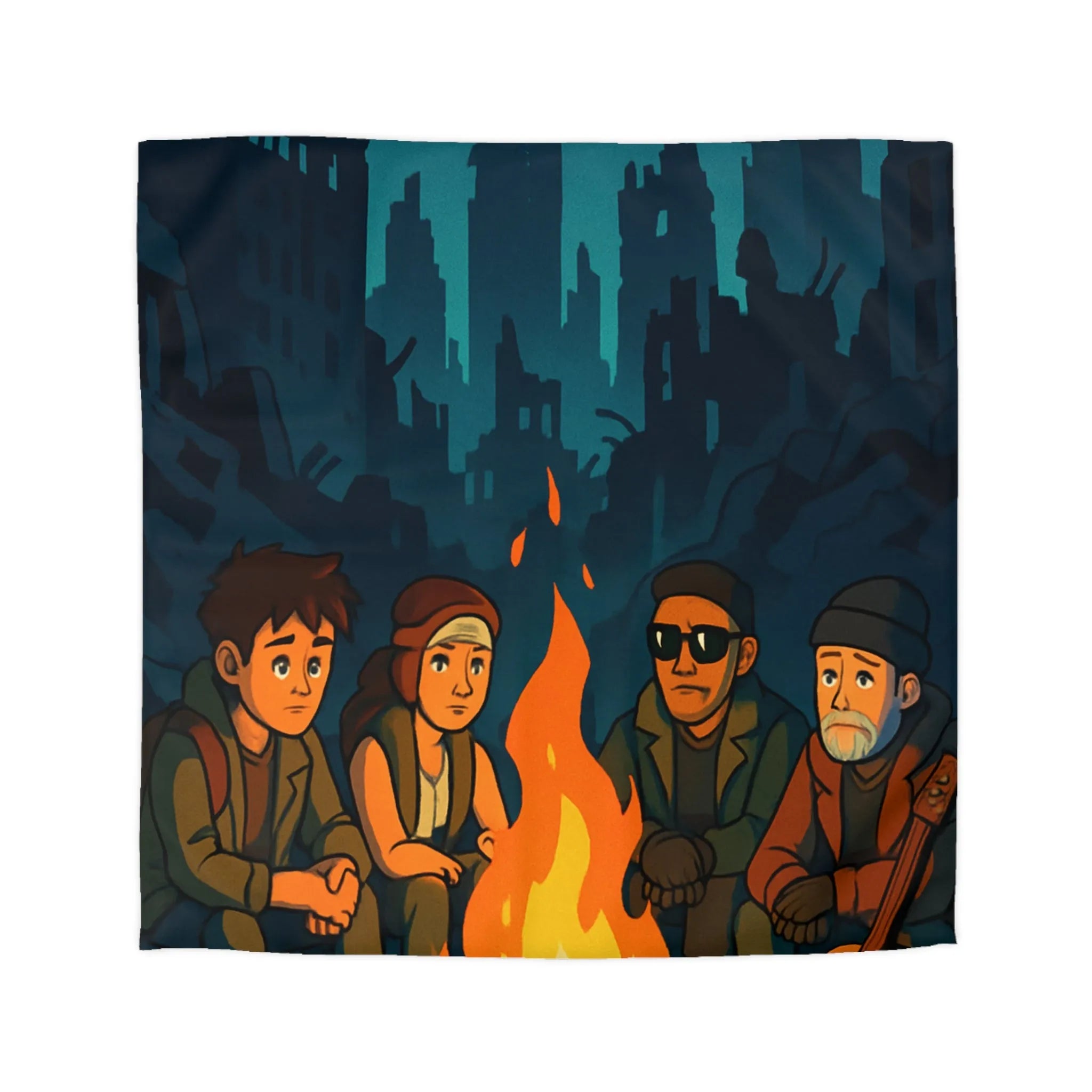 Housse de couette : scène nocturne apocalyptique avec personnages autour d'un feu de camp
