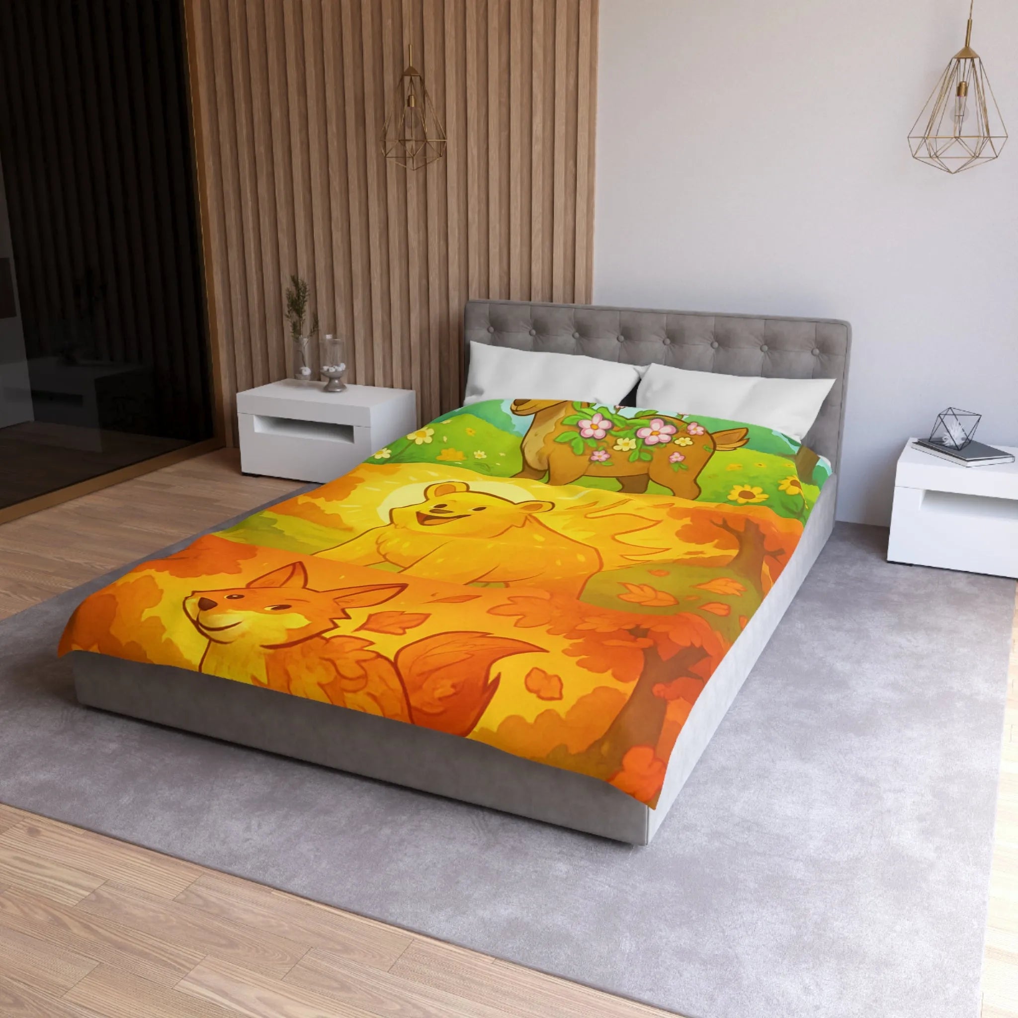 Housse de couette enchantée avec cerf, ours et renard en couleurs vives saisonnières