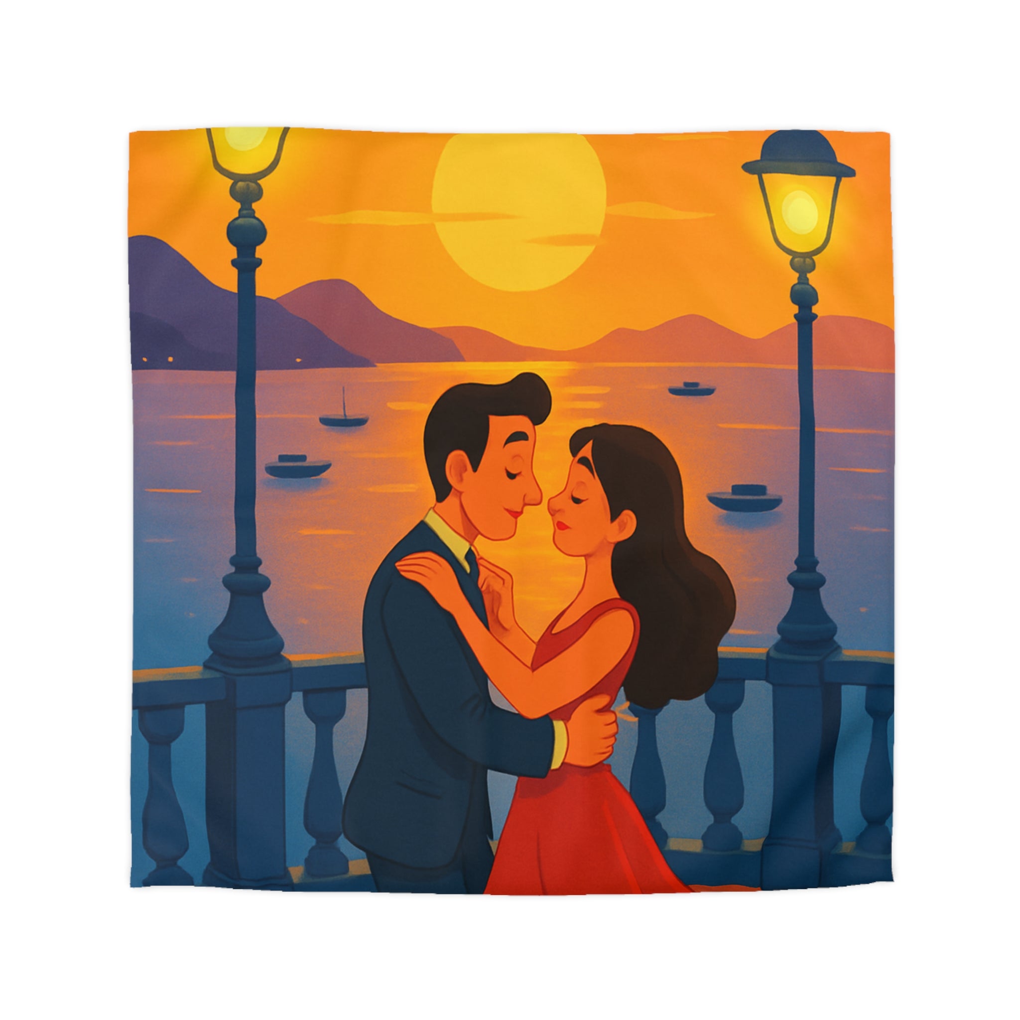 Housse de couette romantique coucher de soleil couple dansant au bord de mer