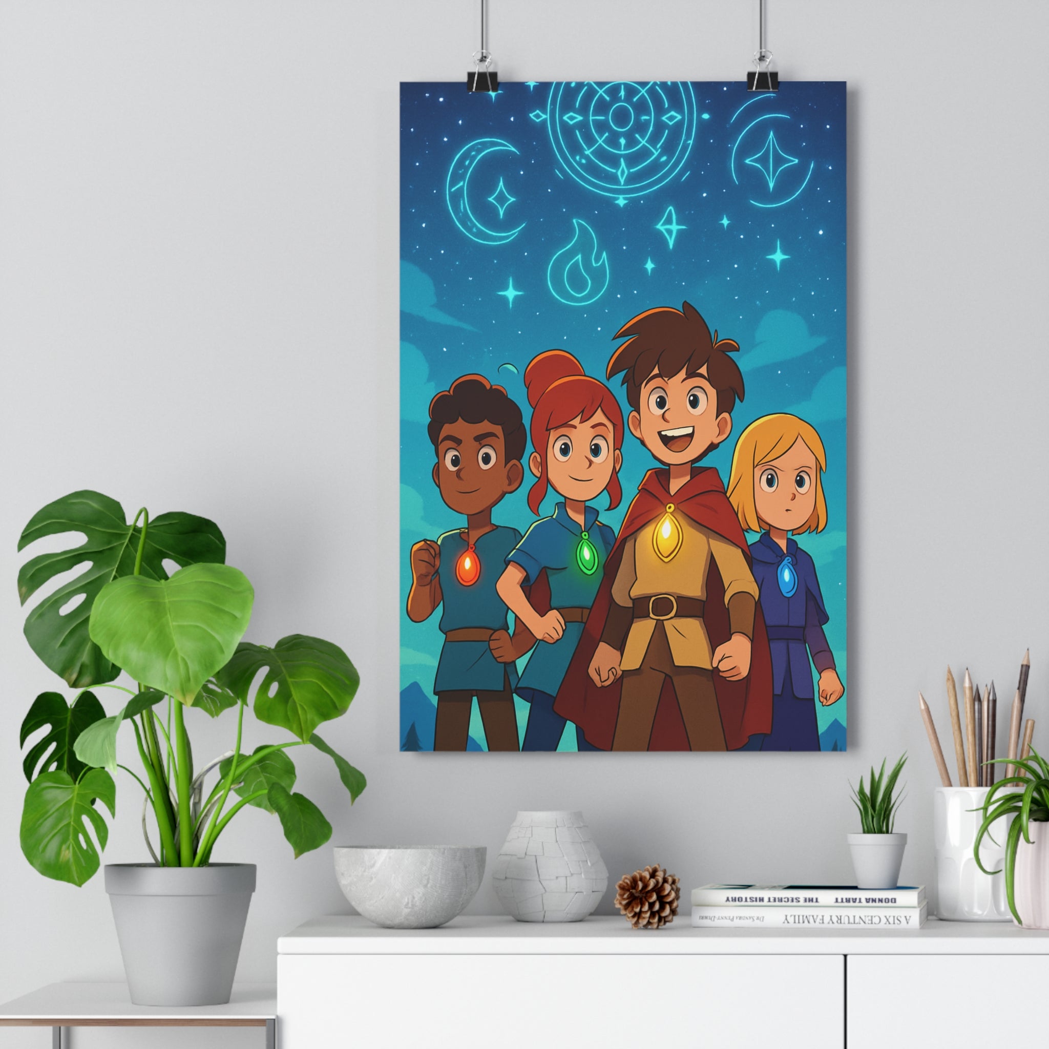 Poster décoratif personnages animés ciel étoilé mystique magique couleurs vives chambre enfant aventure enchantement