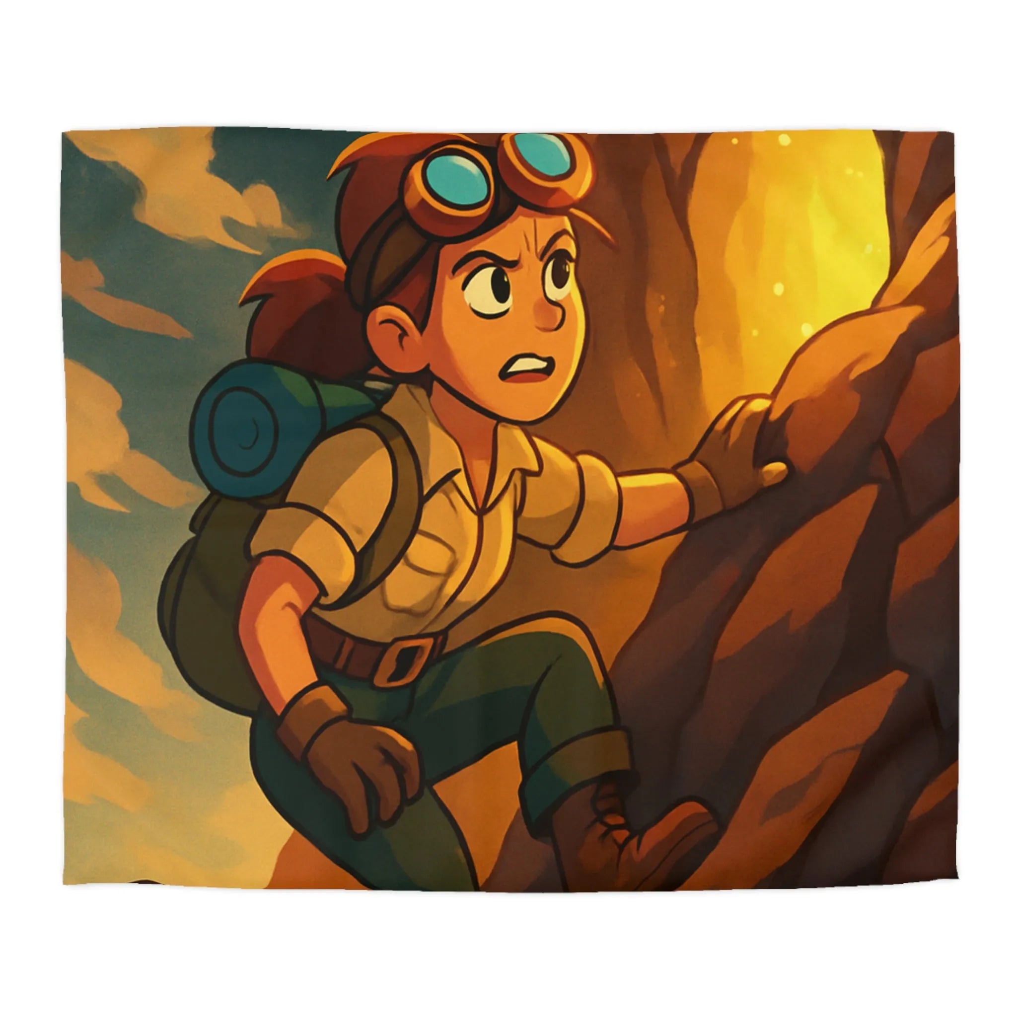 Housse de couette aventure colorée avec jeune explorateur et singe devant grotte lumineuse