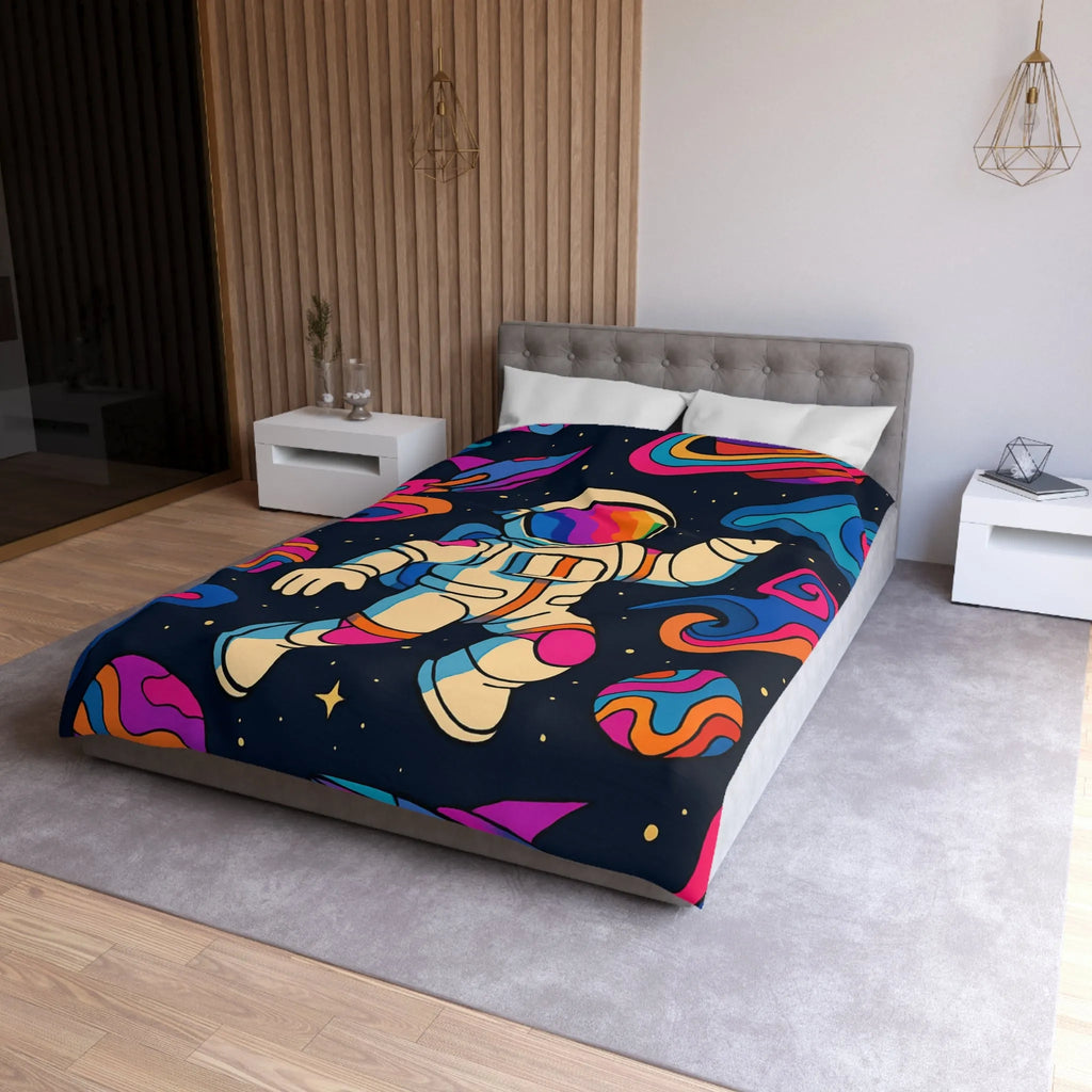 Housse de Couette Astronaute Psychédélique dans l’Espace avec Planètes Colorées et Fusées