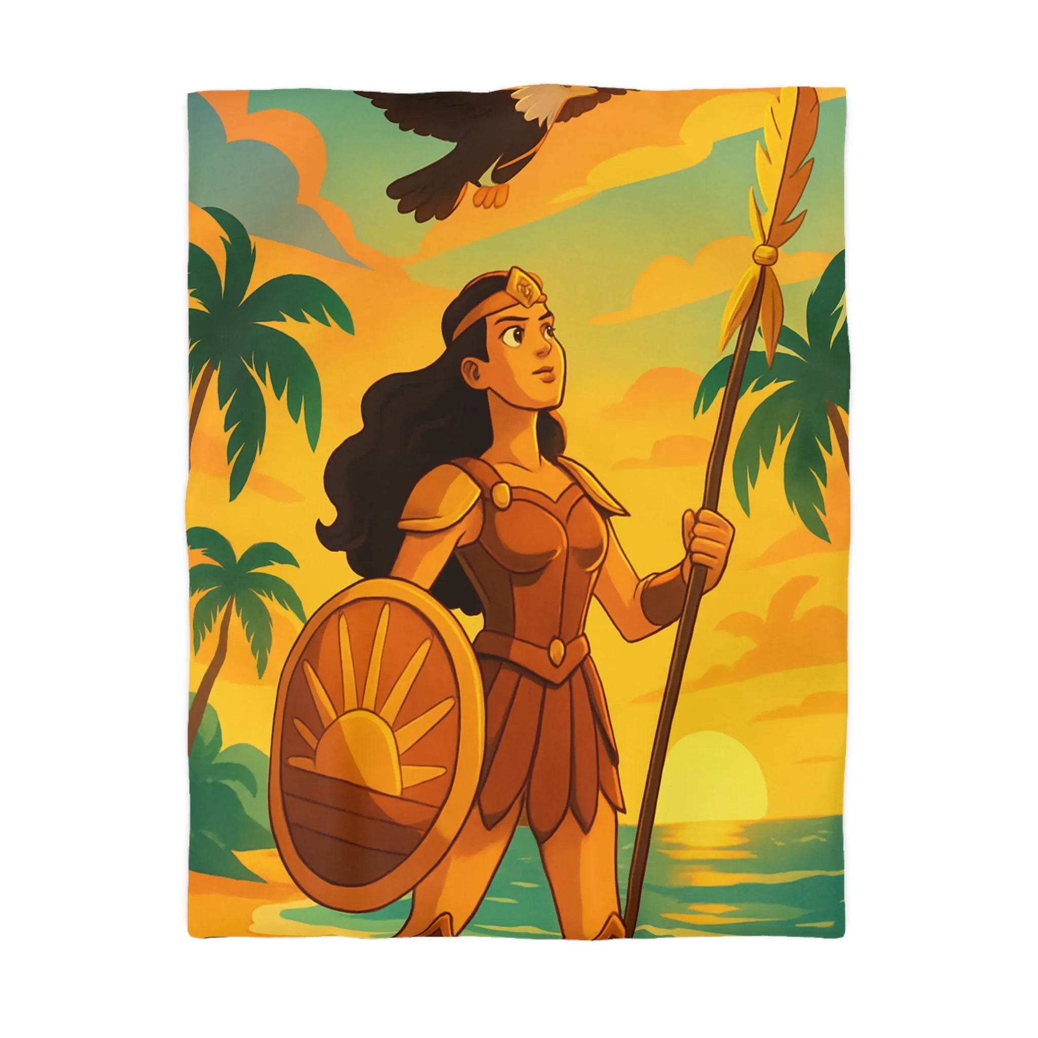 Housse de couette avec guerrière et aigle au coucher du soleil sur la plage