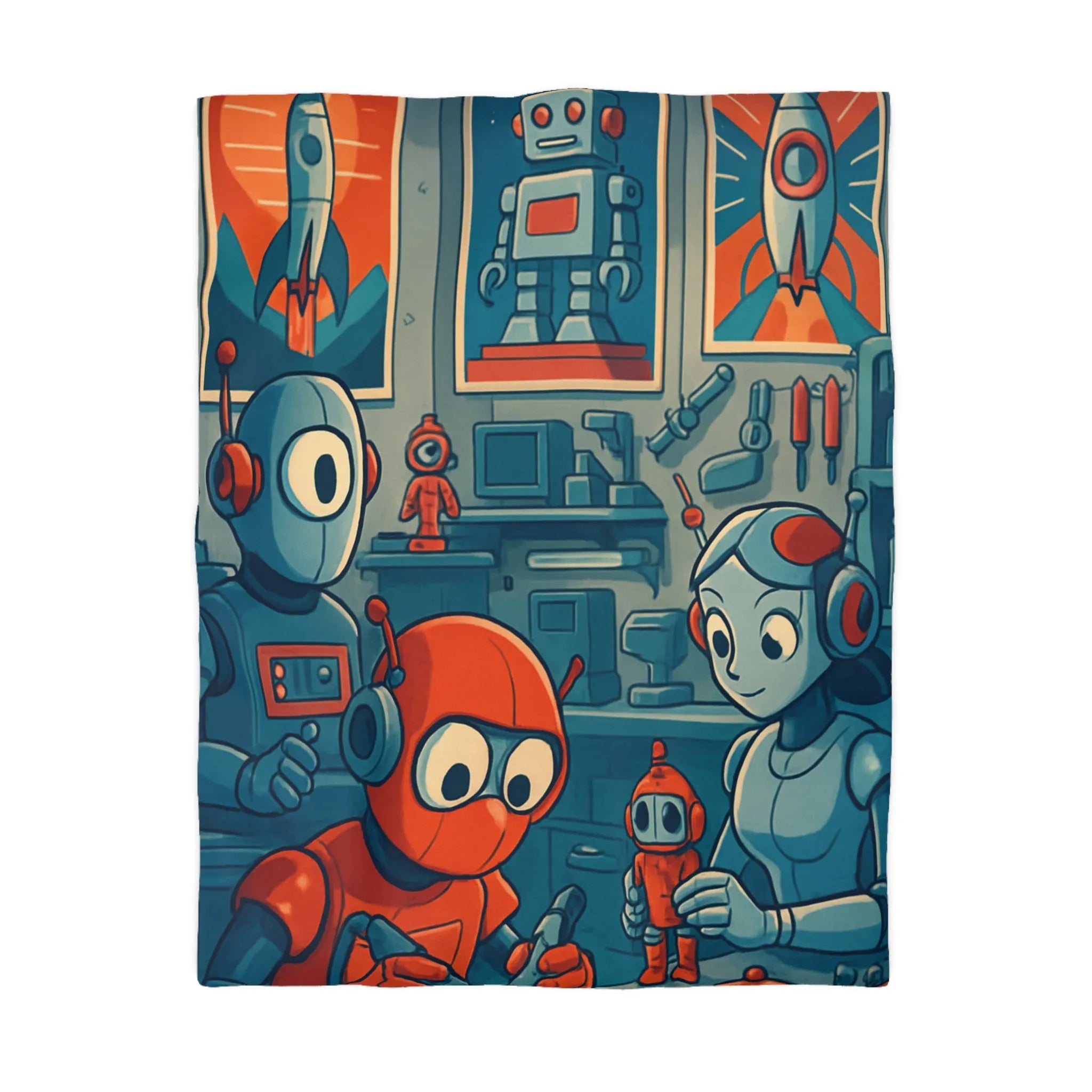 Housse de Couette Adorable Atelier de Robots pour Enfants au Look Rétro Futuriste